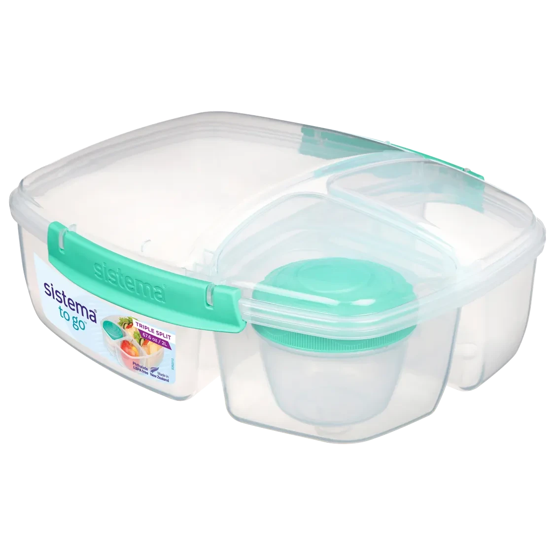 2L Triple Split Lunchbox TO GO with Yogurt Pot Teal - Perfect for Office, School, Picnics & Meal Prep - BPA-Free Leakproof Food Container
