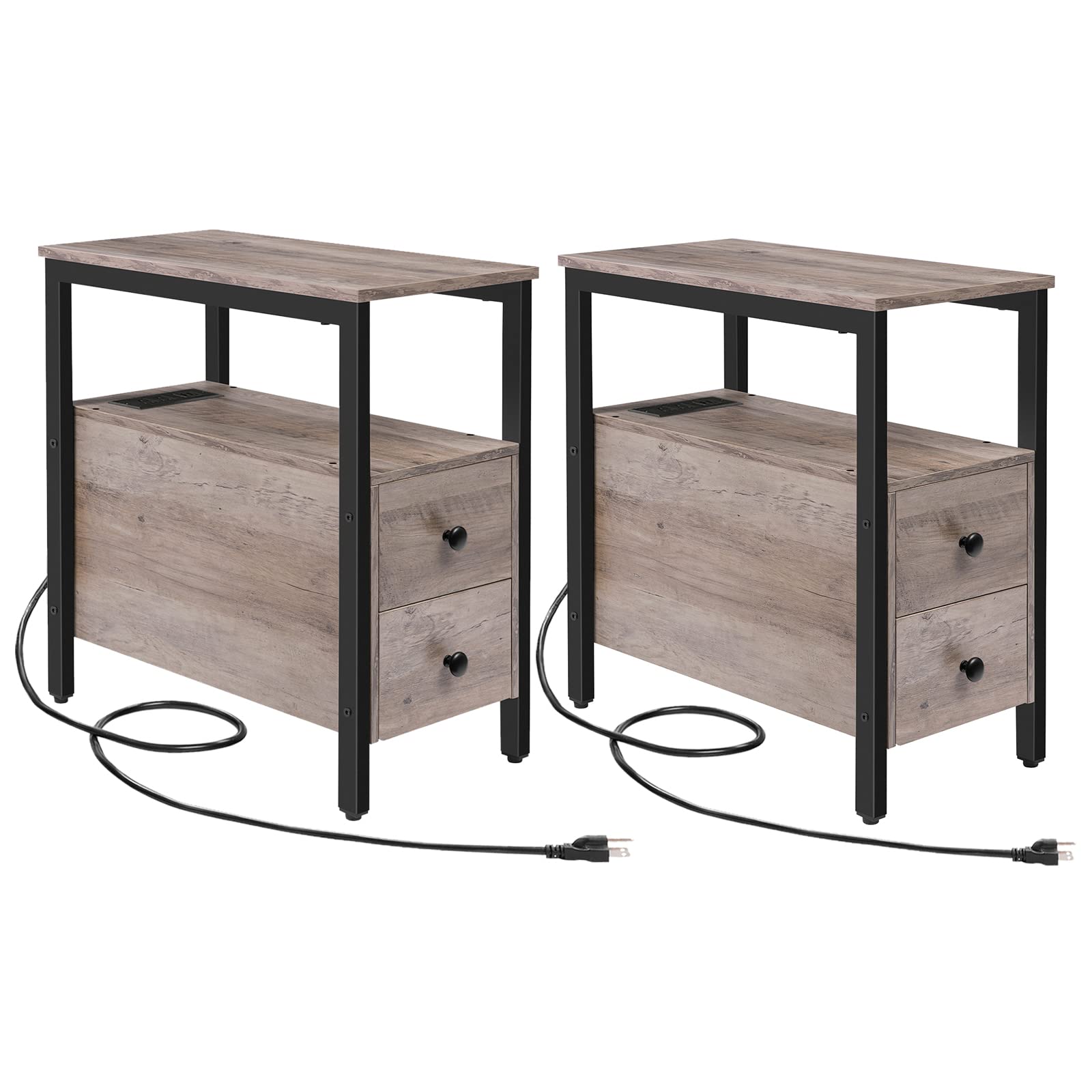HOOBRO Set of 2 Narrow End Tables with Charging Station, USB Ports & Power Outlets, Nightstand with Drawers for Small Spaces - Greige and Black BG541BZP201 | Perfect for Living Room, Bedroom & Office Use