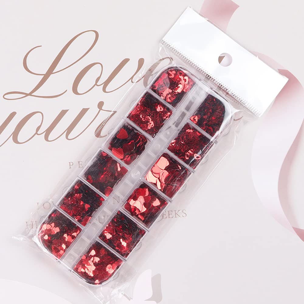 Valentine's Day Nail Art Glitters - 3D Heart Shaped Holographic Nail Sequins for Women & Girls | 12 Grids Red Sparkling Hollow Heart Nail Decor | Perfect for Valentine's Day Manicures, Parties & Special Occasions