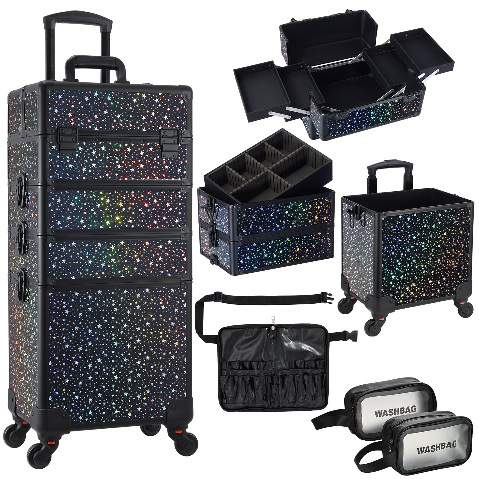 Stagiant 4-in-1 Rolling Makeup Case with Brush Waist Bag - Professional Cosmetic Trolley for Salon, Barber & Travel - Black Star Design - Perfect for Mobile Makeup Artists & Beauty Professionals On-The-Go