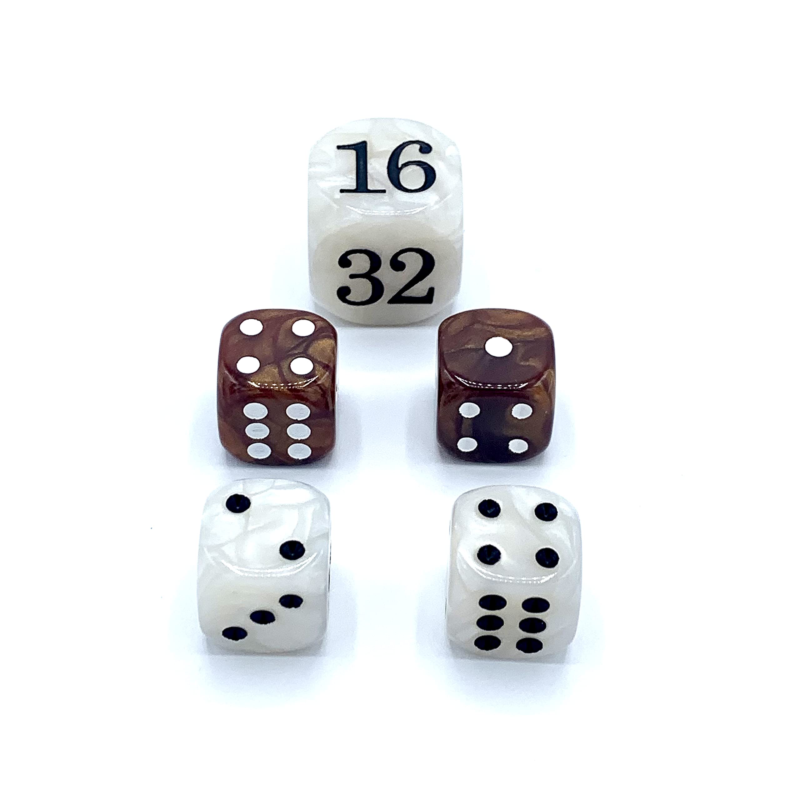 Luck Lab Backgammon Pearl Dice Set - 22mm Doubling Cube & 4x16mm Dice with Storage Pouch, Brown/White Marble - Perfect for Board Games, Travel & Gifts