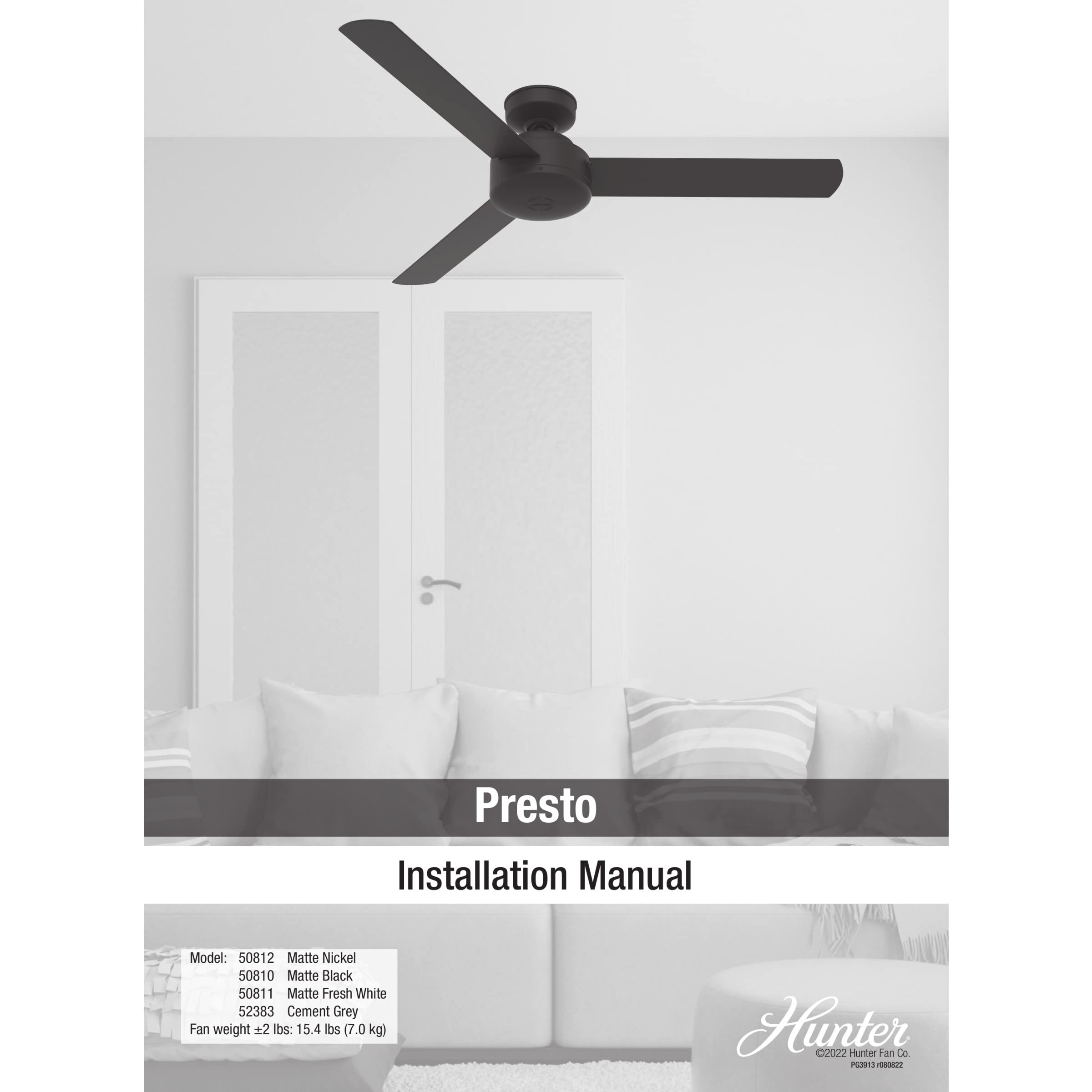 Hunter 50811 Presto 52-Inch Indoor Ceiling Fan with Light Kit, Matte White Finish - Perfect for Living Room, Bedroom, and Home Office Cooling