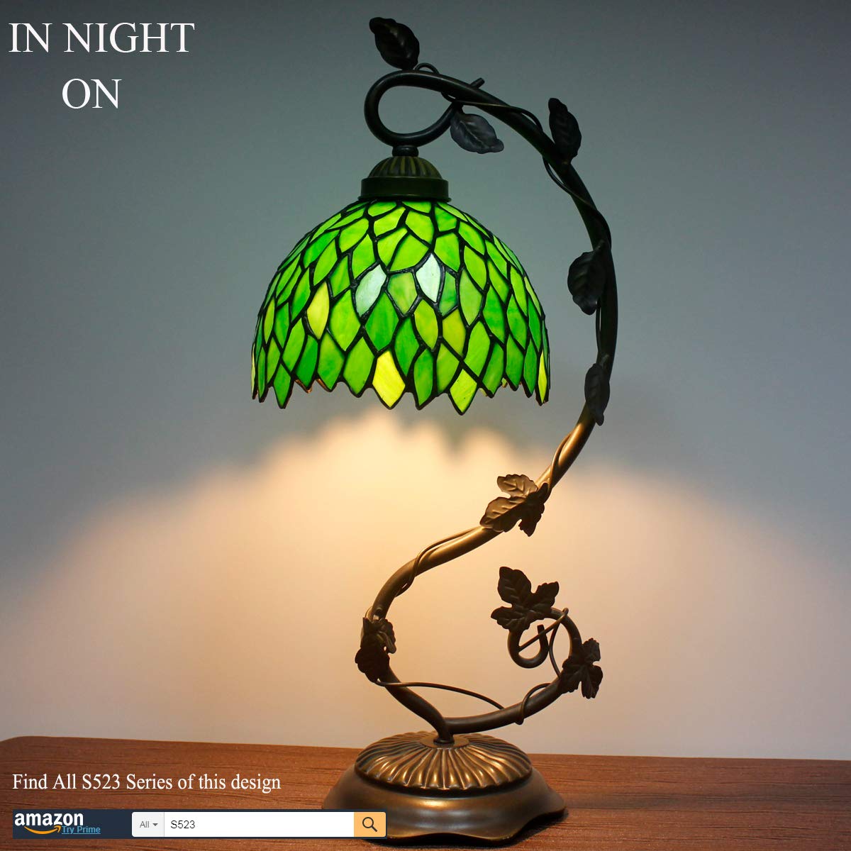 Tiffany Style Stained Glass Table Lamp - Green Wisteria Design with Metal Leaf Base, 8x10x21 Inches, Perfect for Bedroom, Home Office, Reading Light, Small Space Decor (S523 Series) | Elegant Lighting for Cozy Nights & Workspaces