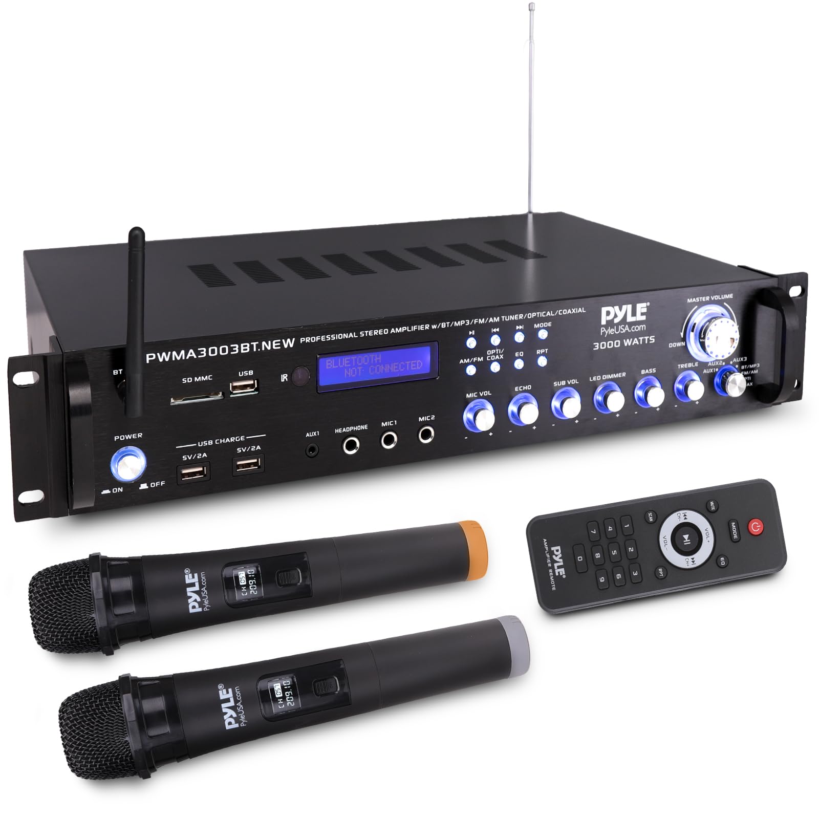 Pyle 3000W 4-Channel Bluetooth Home Audio Power Amplifier - Stereo Receiver with Speaker Selector, FM Radio, USB, Headphone Jack & 2 Wireless Mics for Karaoke - Perfect for Home Theater, Parties & Entertainment System (Model PWMA3003BT)