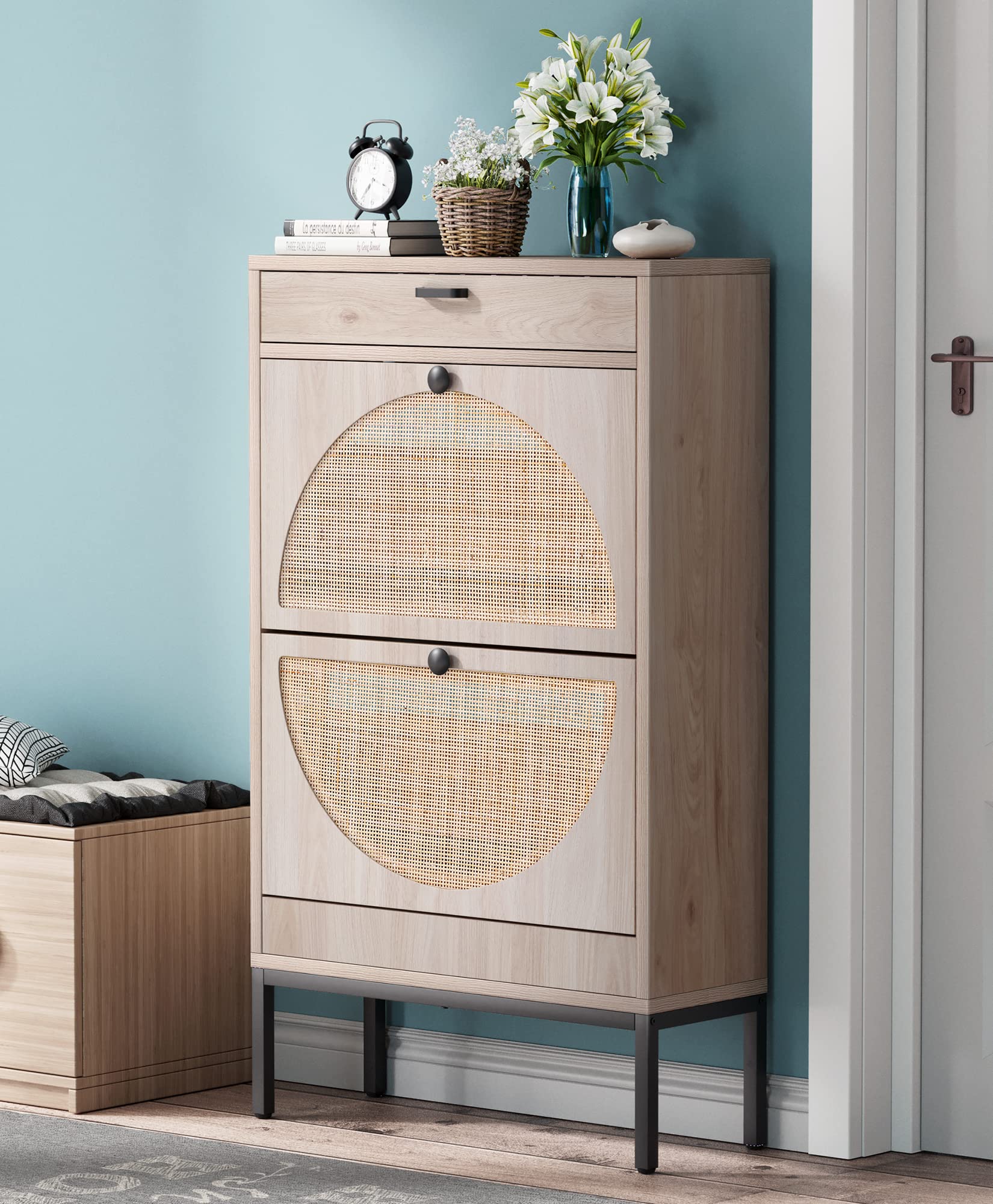Brafab 2-Tier Shoe Storage Cabinet with Flip Drawers & Small Drawer - Slim Entryway Shoe Organizer with Woven Rattan Doors for Sneakers, Boots & Sandals - Perfect for Hallway, Closet & Bedroom Organization