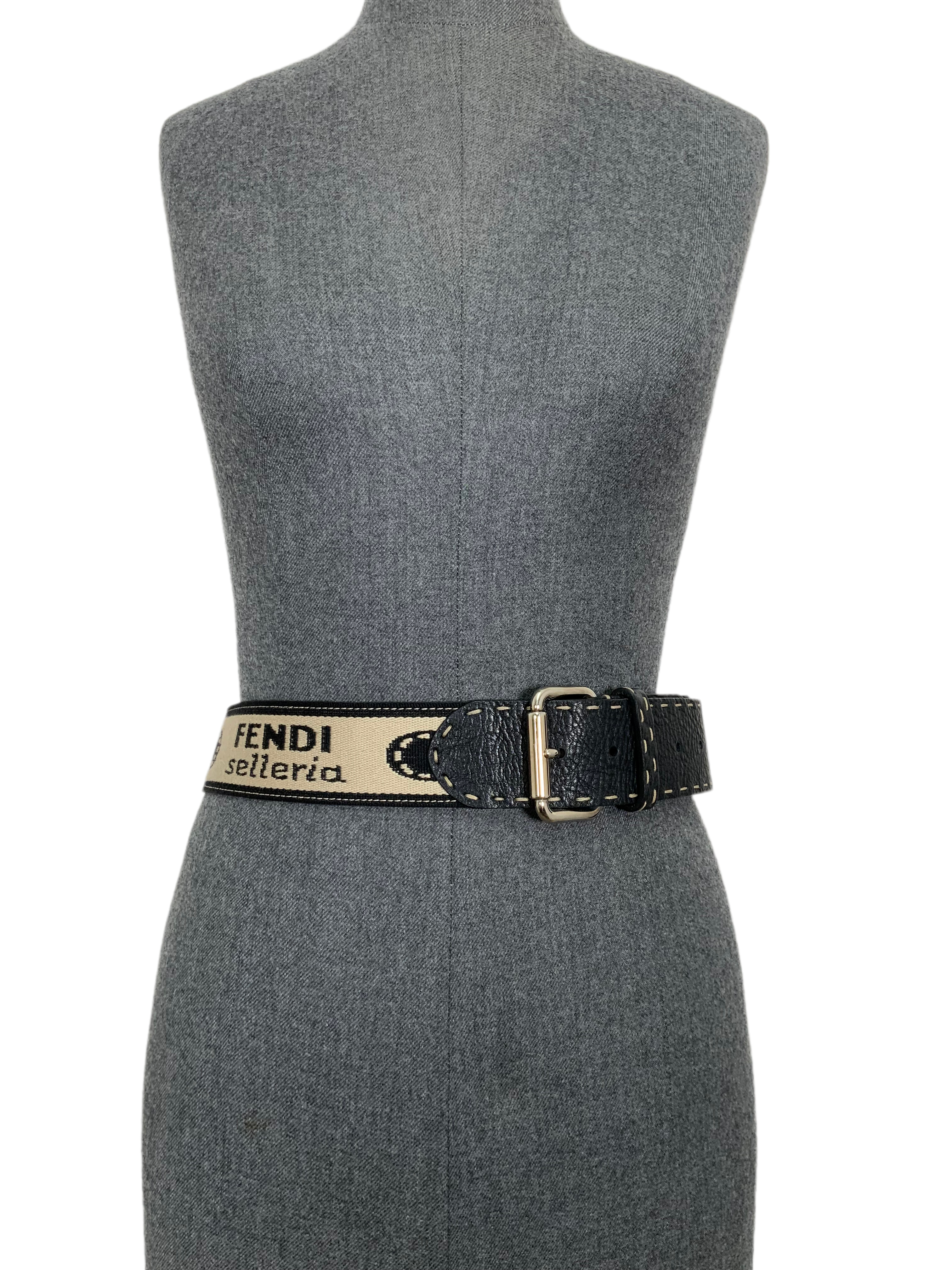 FENDI Selleria Leather and Canvas Logo Belt - Size 80 | Luxury Designer Belt for Men & Women | Perfect for Casual, Office & Formal Outfits