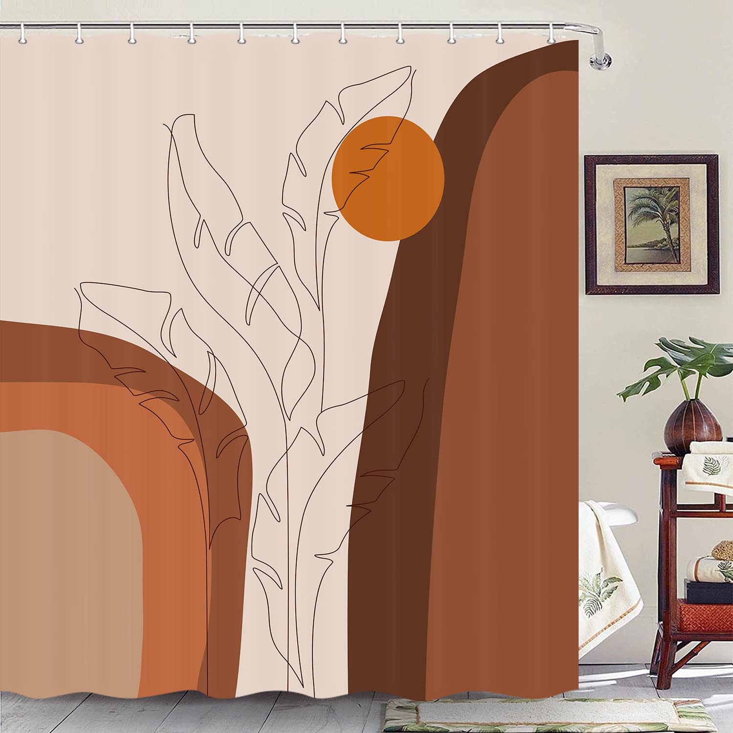 Boho Abstract Sun Rainbow Terracotta Fabric Shower Curtain - 69 x 70 Inch Mid Century Modern Bathroom Decor with Hooks | Tropical Leaves Design for Beach House, Spa & Boho Chic Bathrooms