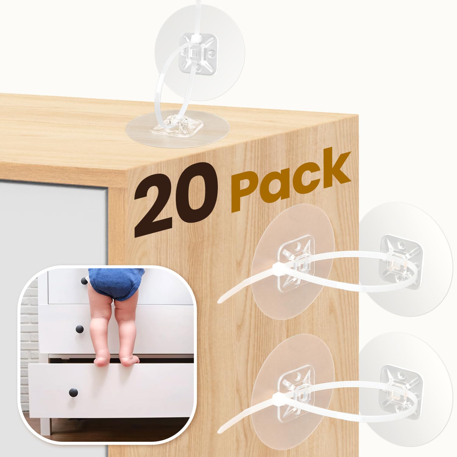 No-Drill Furniture Anchors 20 Pack - Heavy Duty 186lb Anti-Tip Baby Proofing Straps with Self-Adhesive & Screws for Uneven Walls - Secure Dressers, Bookshelves, Cabinets in Earthquakes & Childproof Homes