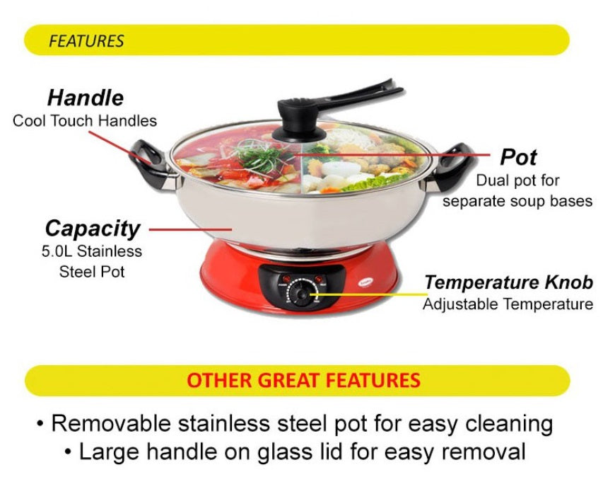 Europace ESB 3161 SI 5L Electric Steamboat - Fast Heating, Durable Stainless Steel for Hot Pot, Shabu Shabu & Family Dining