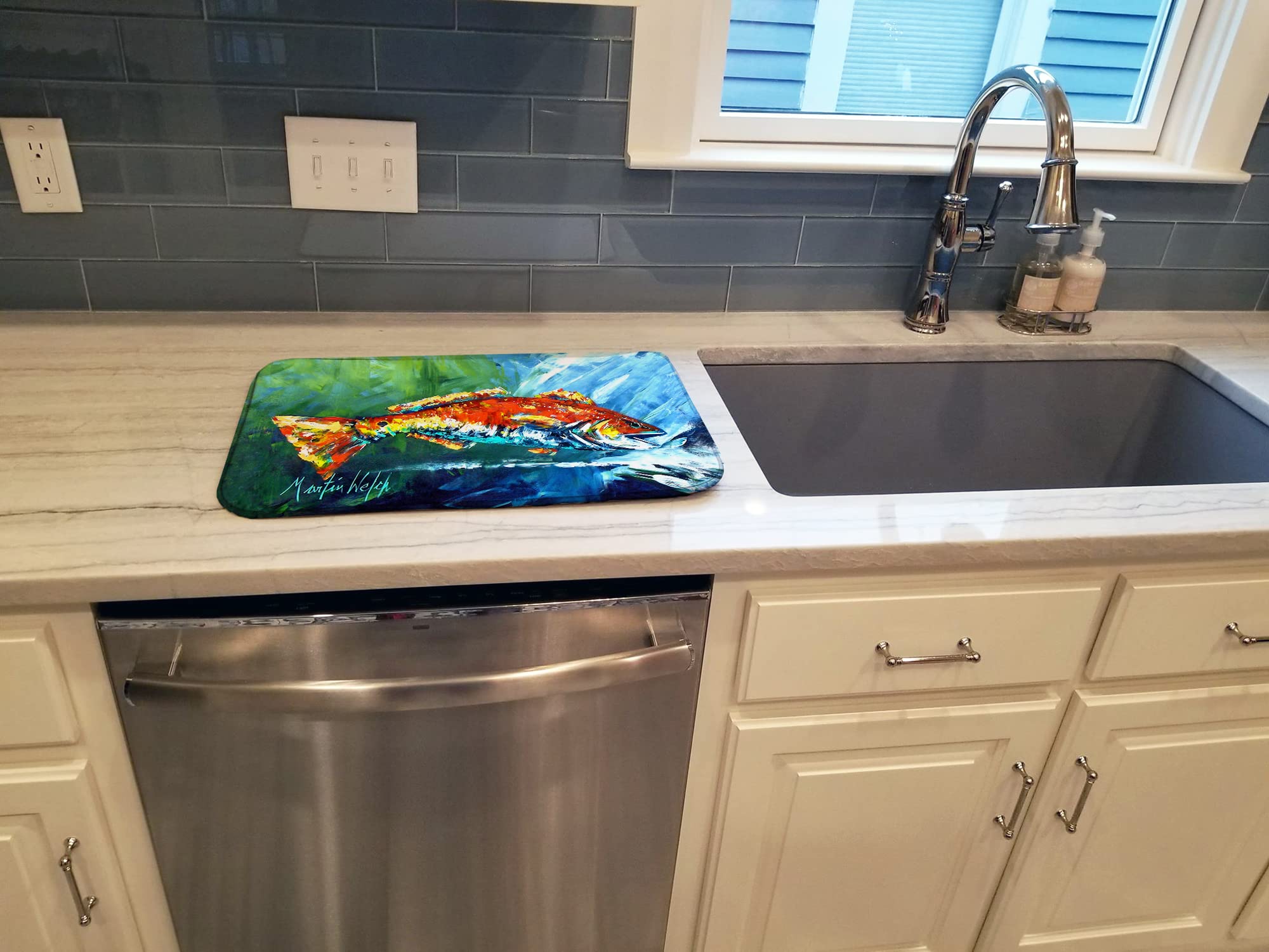 Red Fish Dish Drying Mat - Absorbent Kitchen Counter Pad for Dishes 14x21