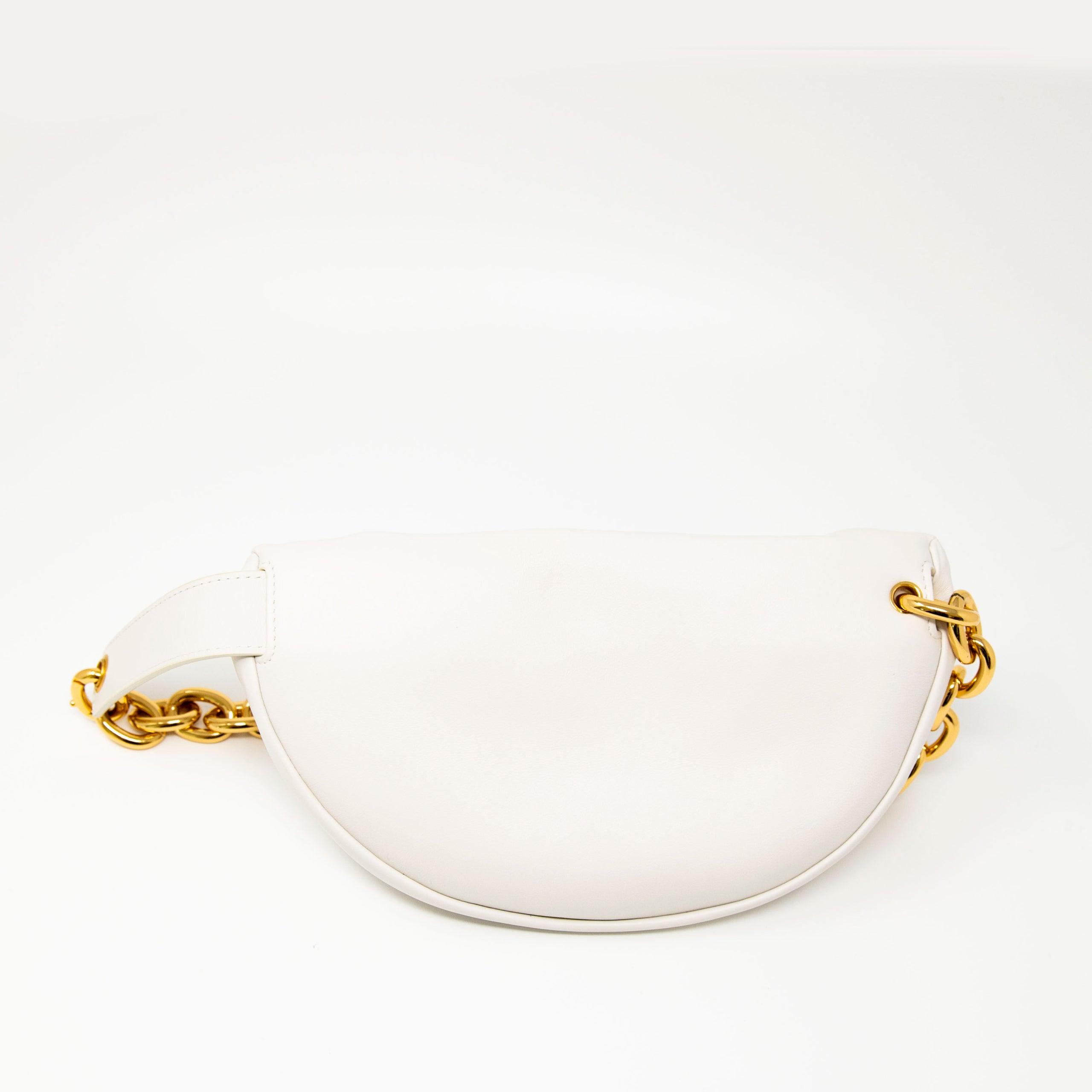 Bottega Veneta White Leather Belt Bag with Chain Strap - Stylish Crossbody Pouch for Women, Perfect for Everyday Use, Parties, and Travel Accessories
