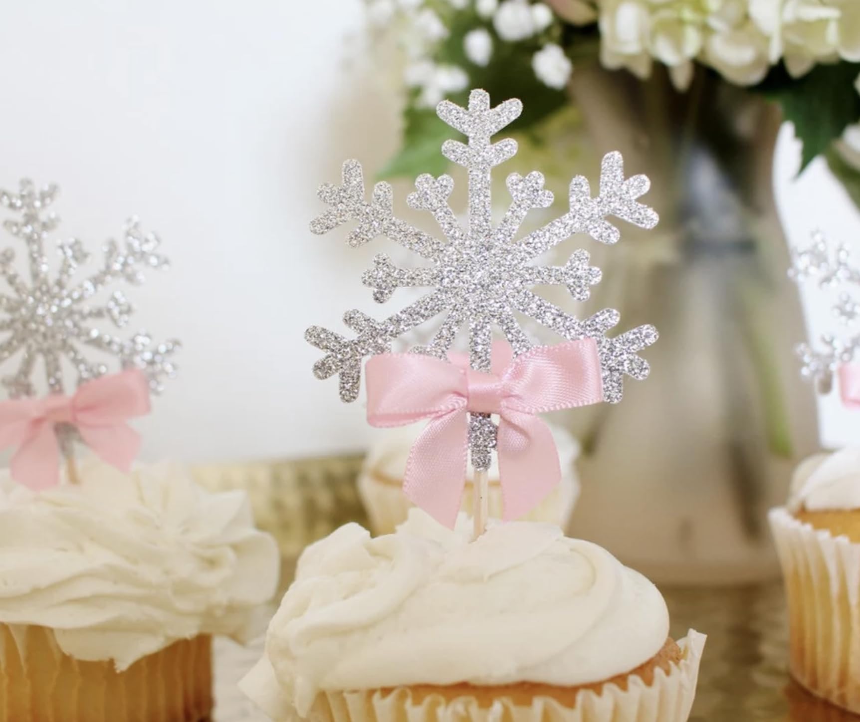 Snowflake Cupcake Toppers with Satin Ribbon Bow – Frozen Winter Wonderland Christmas Decorations for Cupcakes, Donuts & Cakes – Set of 12 (Blue) – Perfect for Holiday Parties, Birthday Celebrations & Winter Wedding Desserts