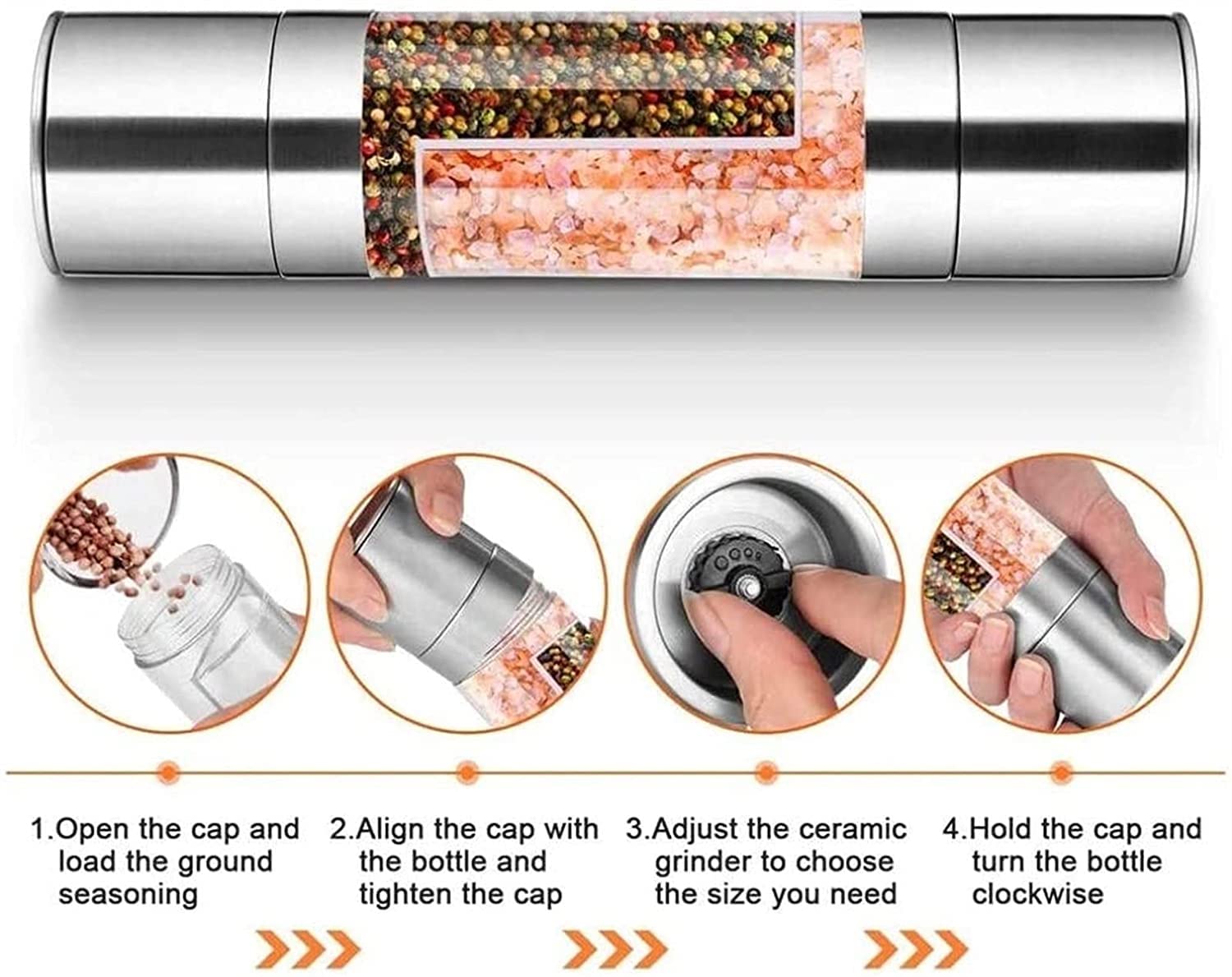 Premium Stainless Steel Salt and Pepper Grinder Set - 2-in-1 Adjustable Ceramic Mill with Clear Acrylic Chambers for Freshly Ground Spices, Herbs & Seasonings - Perfect for Kitchen, Dining Table & Outdoor Cooking
