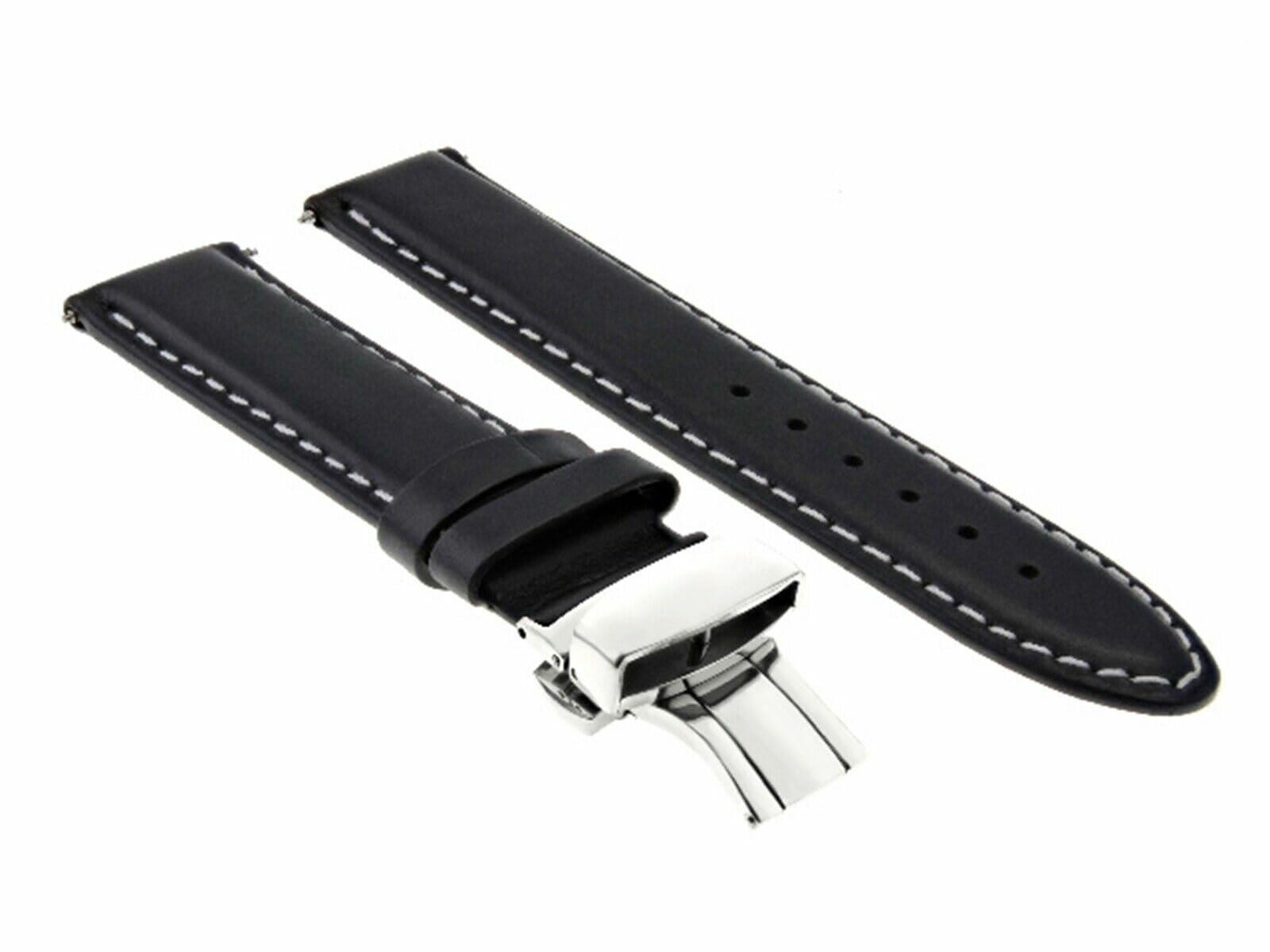 24mm Genuine Leather Watch Band - Smooth Black Strap with White Stitching | Waterproof Replacement for Omega Seamaster | Dress & Casual Wear | Perfect for Business, Daily Use & Special Occasions