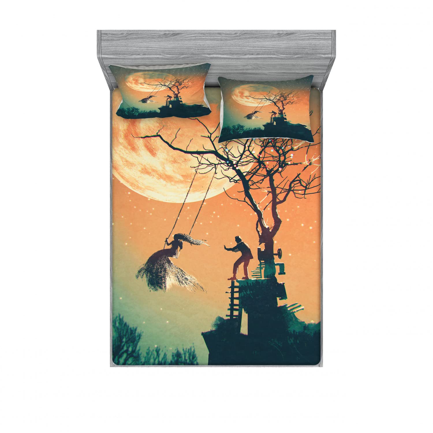 Ambesonne Halloween 2-Piece Queen Size Bedding Set - Zombie Bride & Groom Themed Fitted Sheet & Pillow Sham (4-Piece Set in Orange & Teal) | Spooky Bedroom Decor for Halloween Parties & Themed Rooms