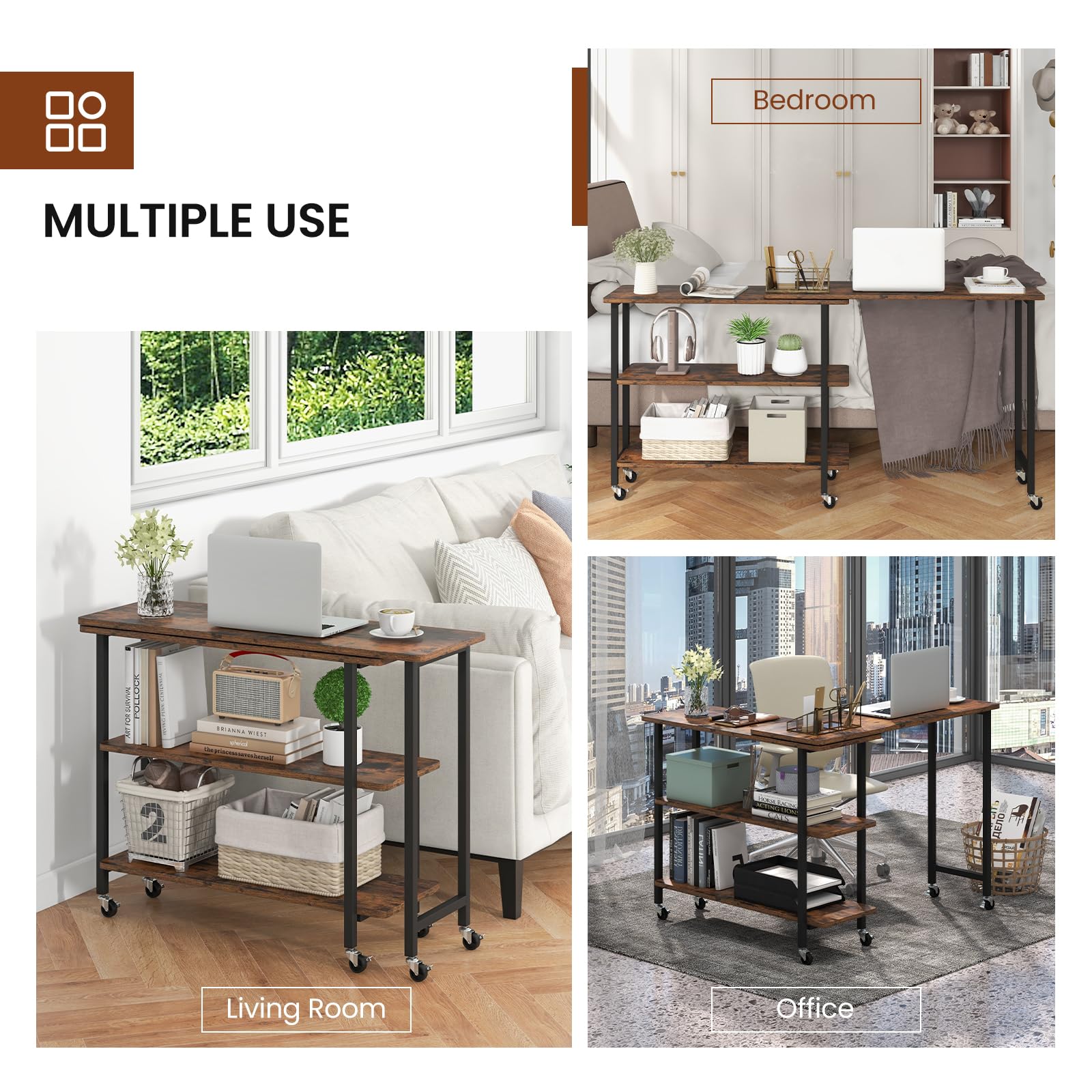 Tangkula 360° Rotating Side Table with 2-Tier Storage - Mobile End Table with Lockable Casters & Metal Frame - Swivel Rolling Desk for Living Room, Bedroom & Office - Perfect as Laptop Table, Couch Table or Snack Stand