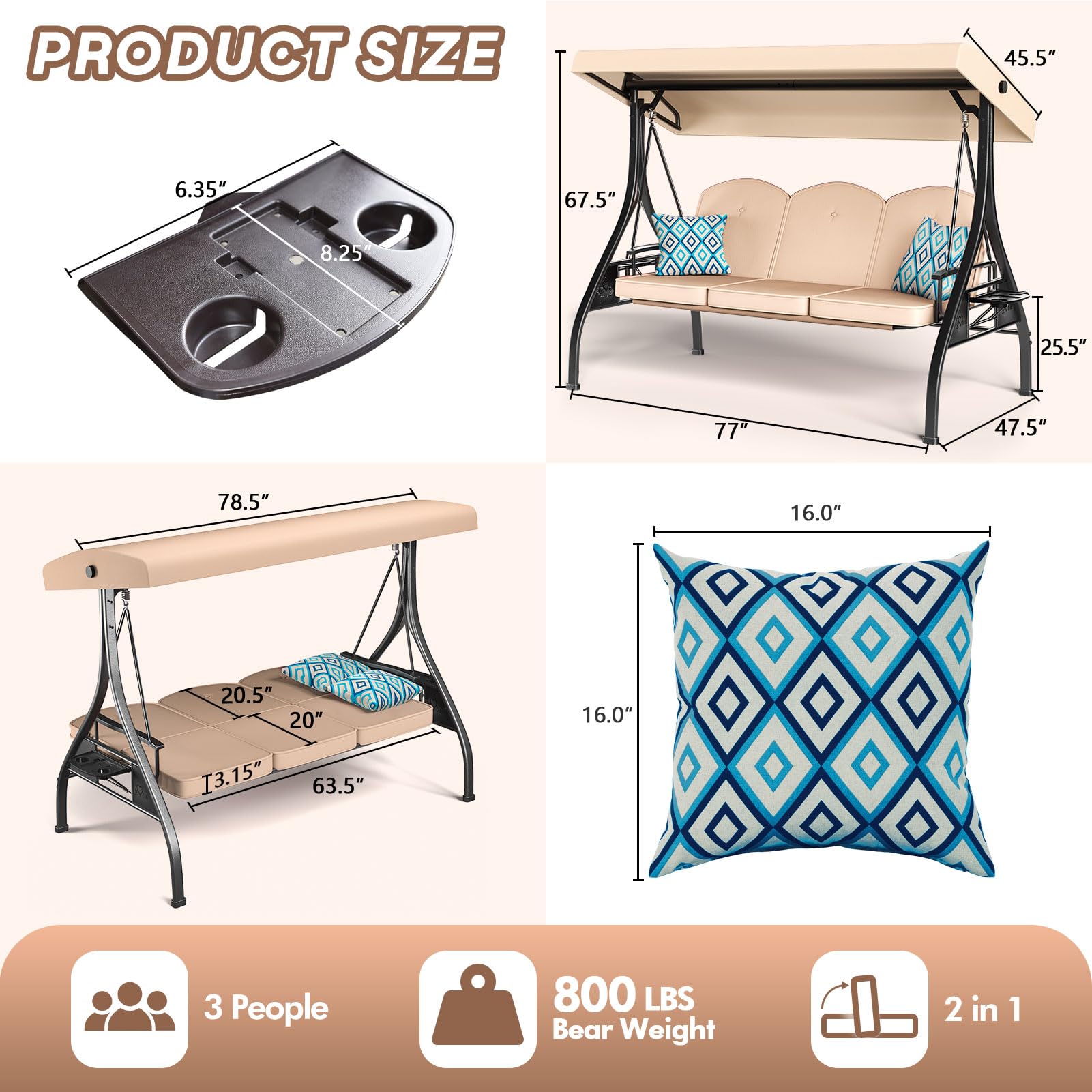 3-Seat Outdoor Porch Swing with Stand - 800lb Capacity, Adjustable Canopy & Removable Cushions - 2-in-1 Patio Glider Chair for Yard, Garden, Deck - Durable Square Tube Frame (Khaki) - Perfect for Relaxing, Lounging & Outdoor Entertaining