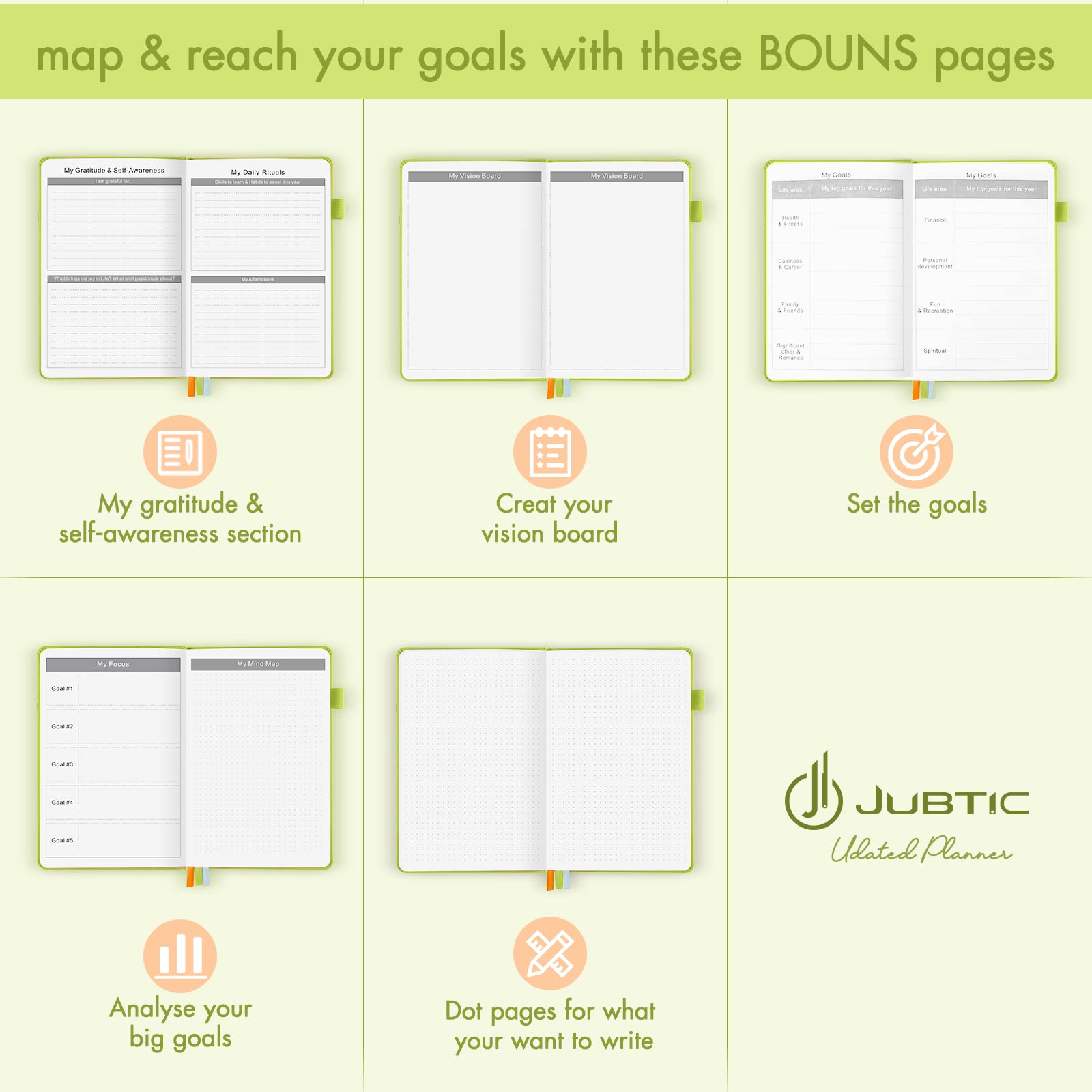 JUBTIC Undated Planner 2025 - Weekly & Monthly Productivity Planner with Stickers, Appointment Book for Time Management, Goal Setting & Work Organization (Light Green) | Perfect for Students, Professionals & Busy Moms