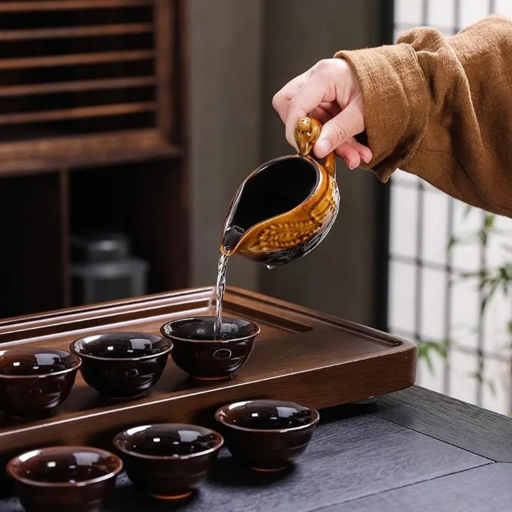 Premium Ceramic Teapot with Removable Stainless Steel Infuser - 40oz Semi-Automatic Magic Tea Maker Set with 8 Matching Cups (Gradient Yellow Dragon Design) - Perfect for Home, Office, Tea Parties & Gifts