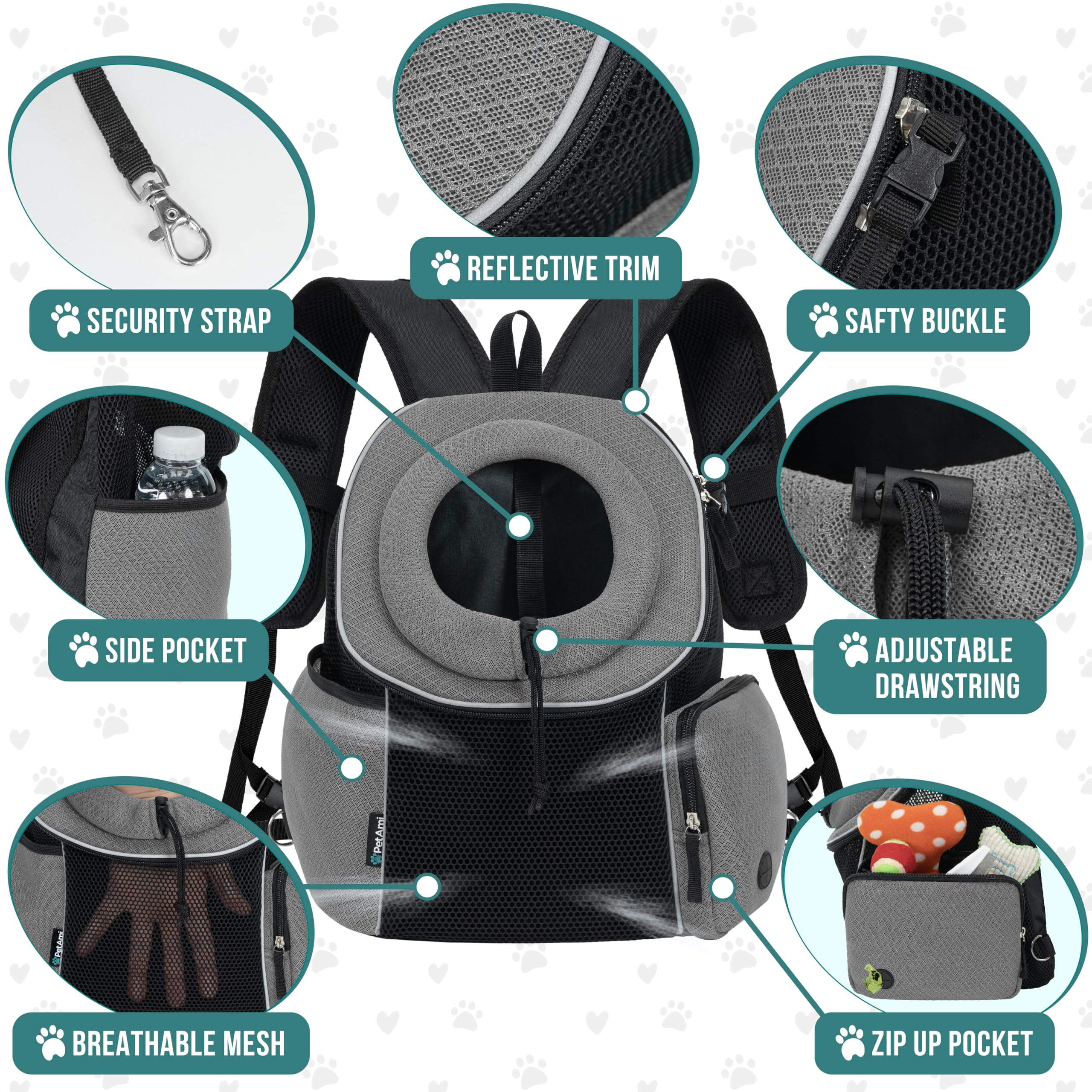 PetAmi Adjustable Dog & Cat Carrier Backpack - Ventilated Front & Chest Pet Carrier for Small Dogs & Medium Cats up to 14 lbs - Perfect for Hiking, Camping, Travel & Outdoor Adventures (Grey)