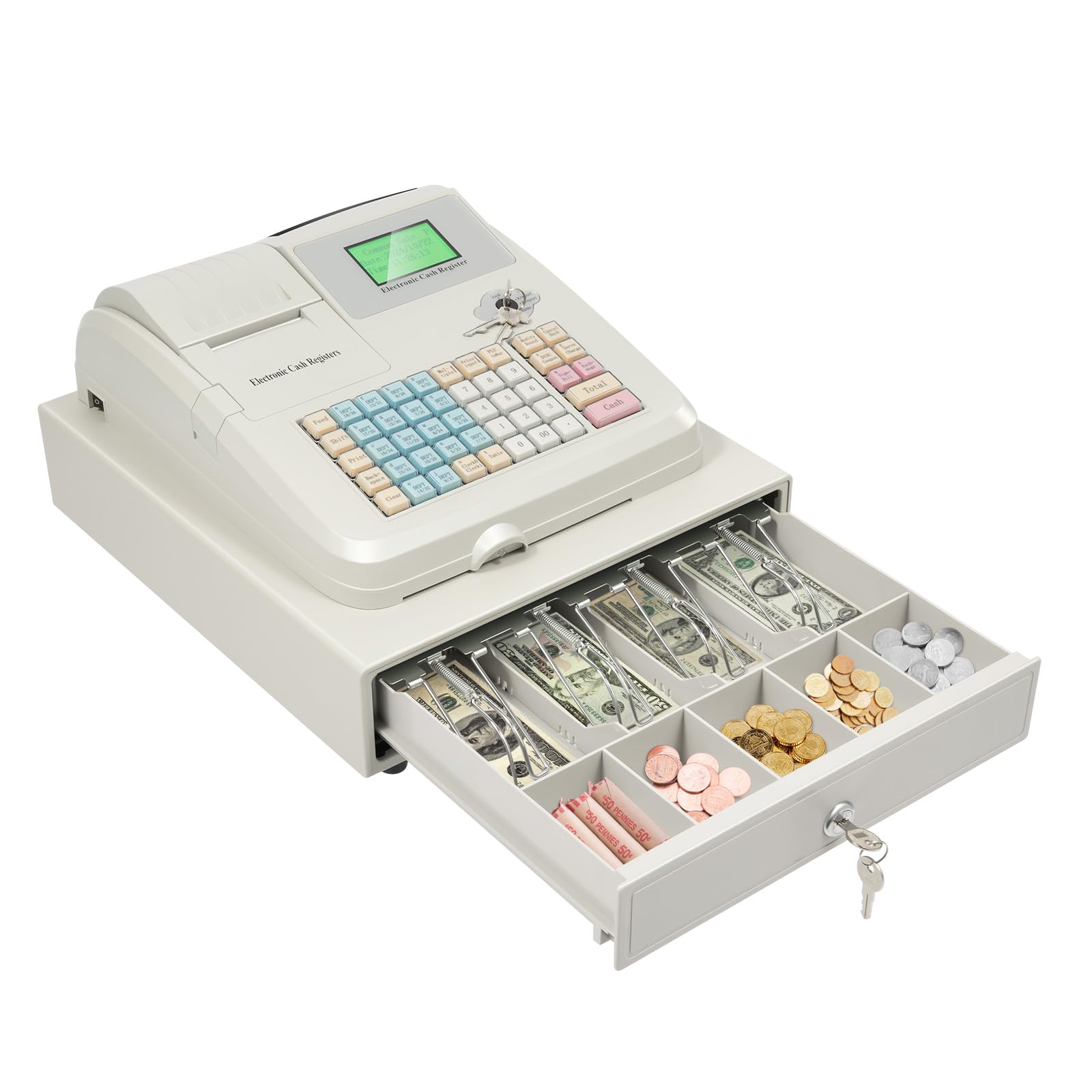 48-Key Electronic Cash Register with Thermal Printer, POS System with 4-Compartment Cash Drawer & Money Clips - LED Display for Retail Stores, Restaurants & Small Businesses - Perfect for Quick Checkout & Inventory Management