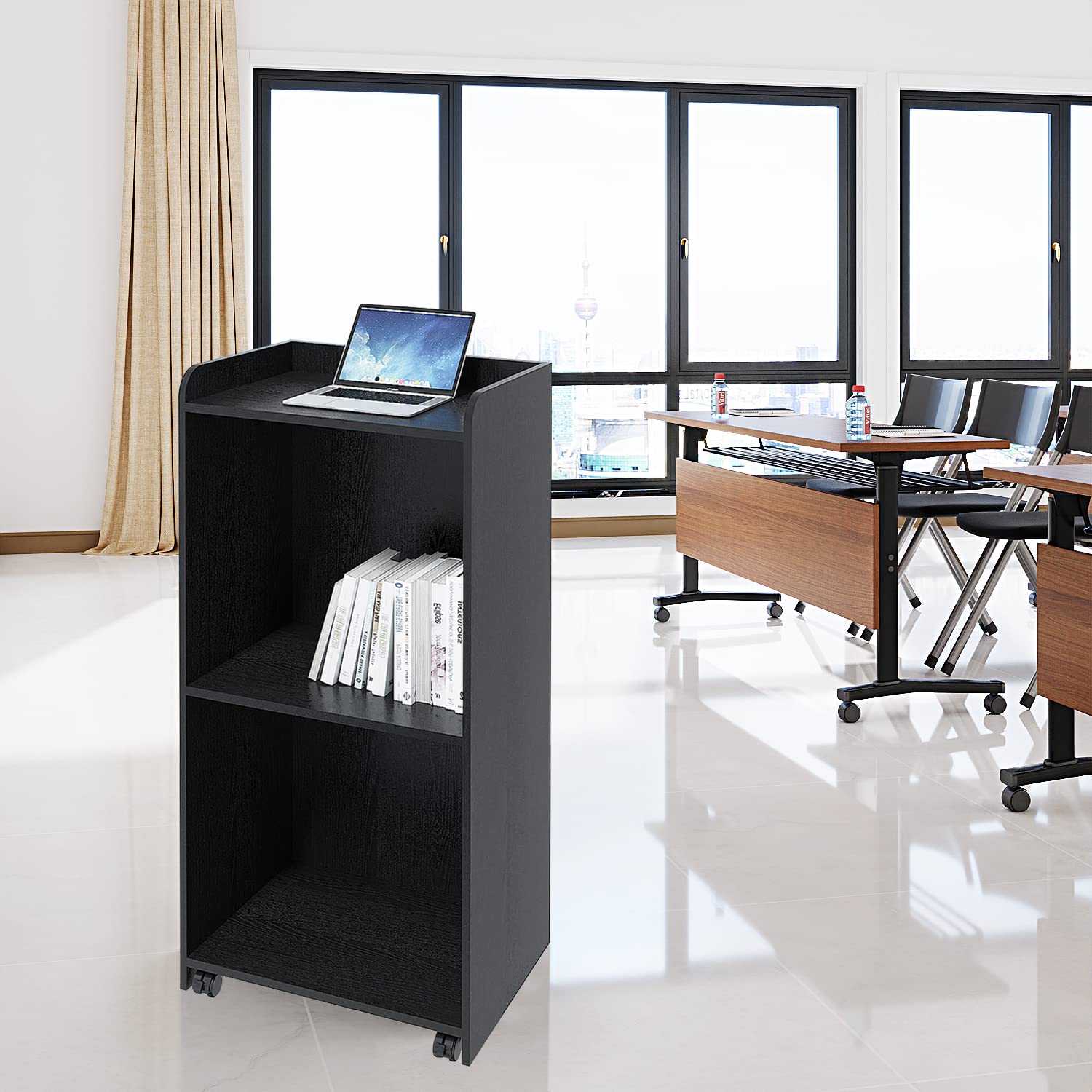 Portable Adjustable Podium Stand with Wheels - Mobile Lectern for Church, Conference, Auditorium & Classroom - Black Hostess Stand for Events & Presentations