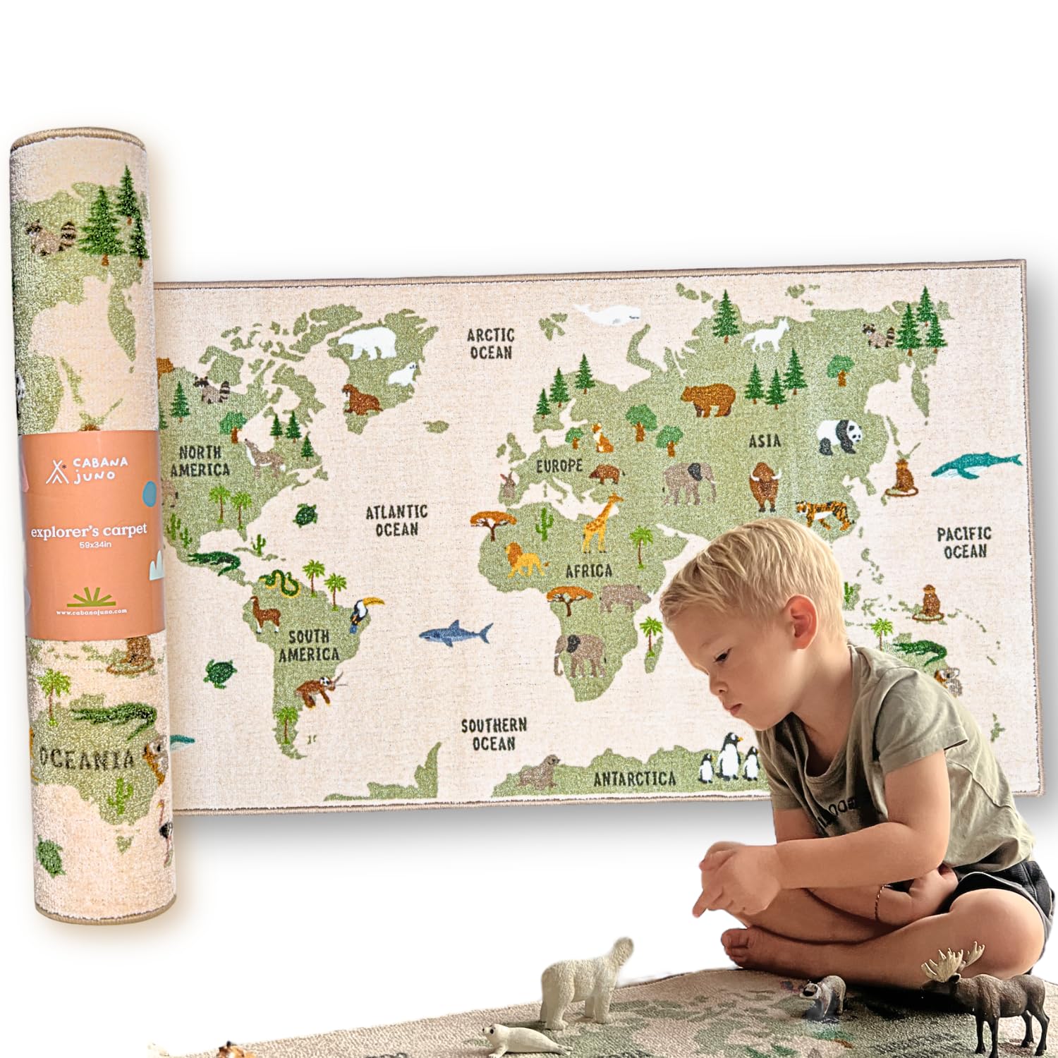 59 x 31 Inch World Map Educational Kids Carpet with Animals, Continents & Oceans - Soft Non-Slip Playmat Rug for Children's Bedroom, Nursery or Playroom - Perfect for Learning Geography & Fun Playtime