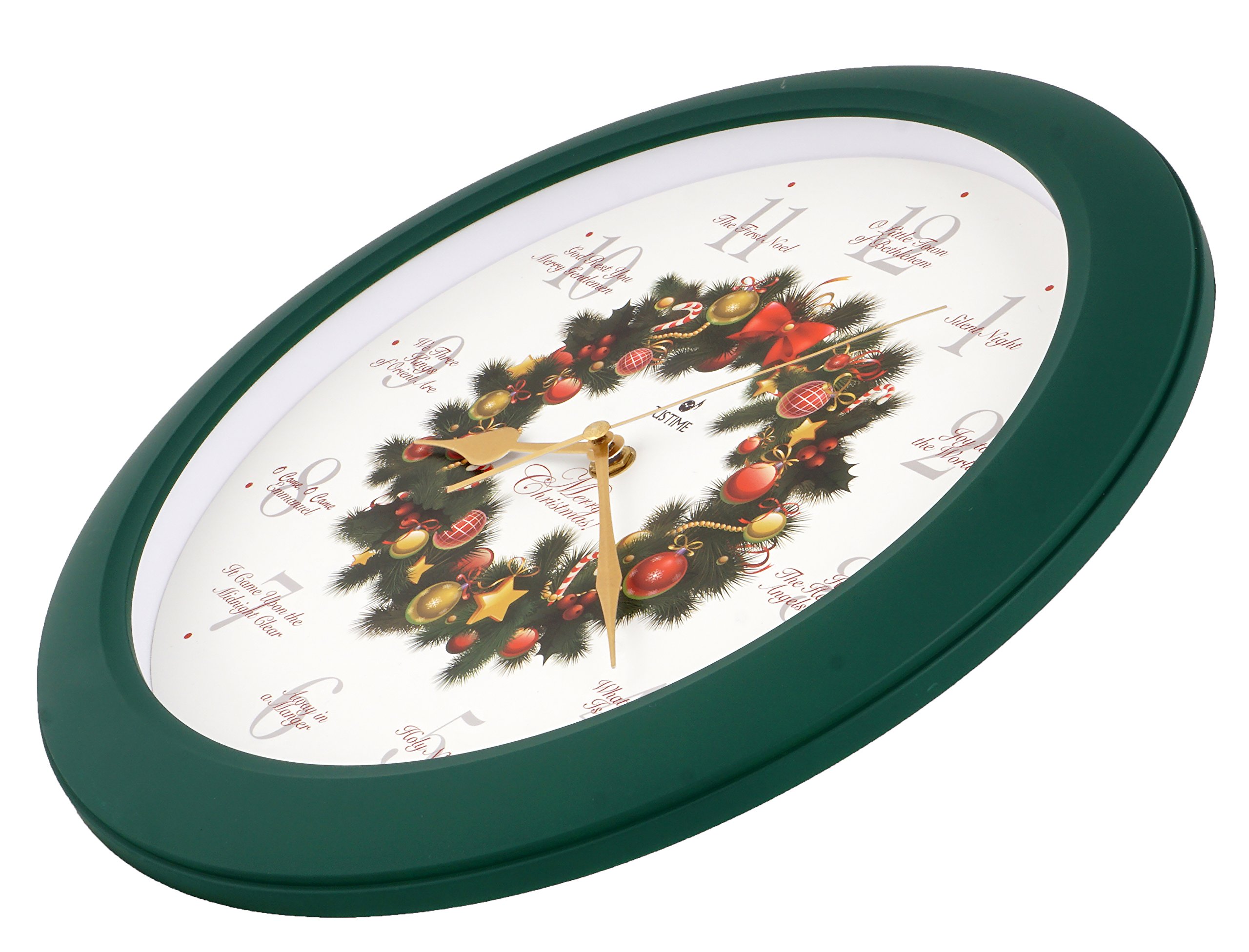 JUSTIME 14-inch Christmas Musical Wall Clock with 12 Carol Melodies - Holiday Wreath Design, Round Chime Clock for Home Decor - Perfect for Living Room, Bedroom, and Christmas Party Decoration