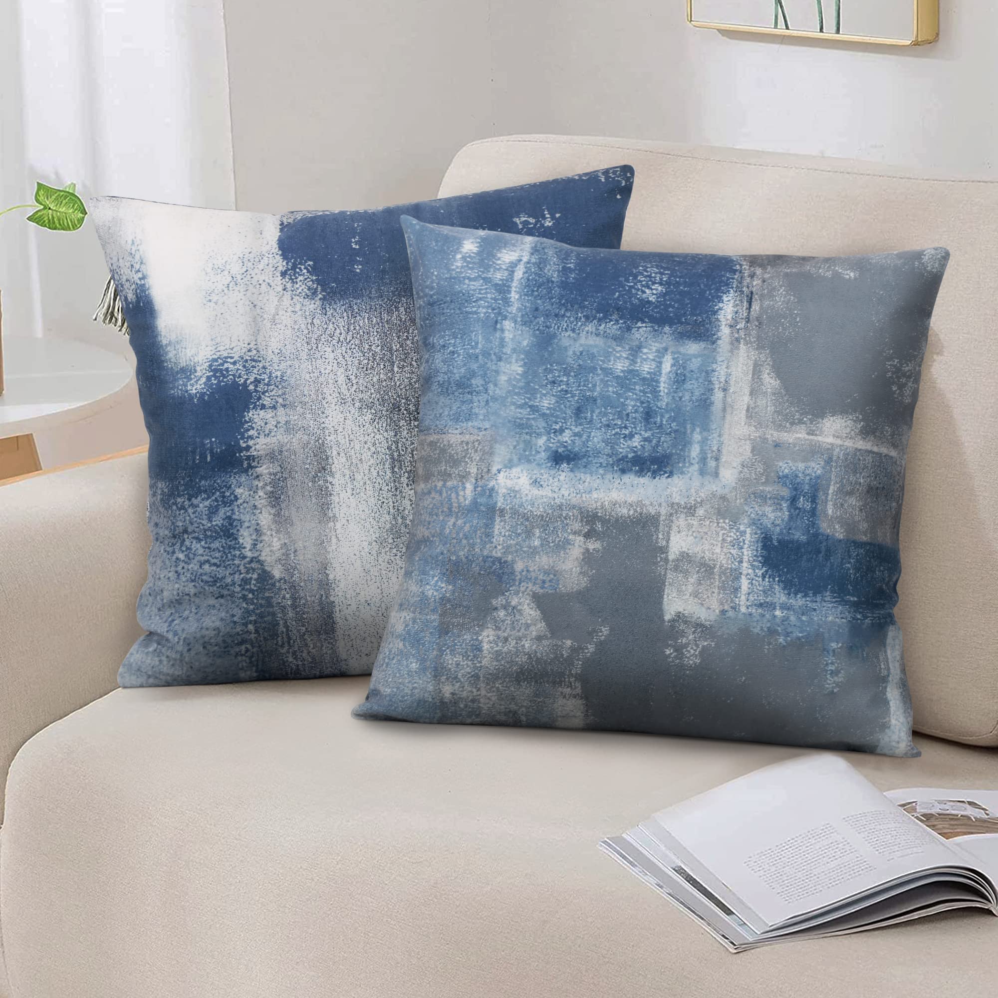 Set of 4 Blue & Grey Abstract Art Pillow Covers 18x18 Inch - Modern Decorative Throw Pillow Cases for Sofa, Bedroom & Living Room - Perfect for Home Decor, Accent Pillows & Contemporary Interior Design