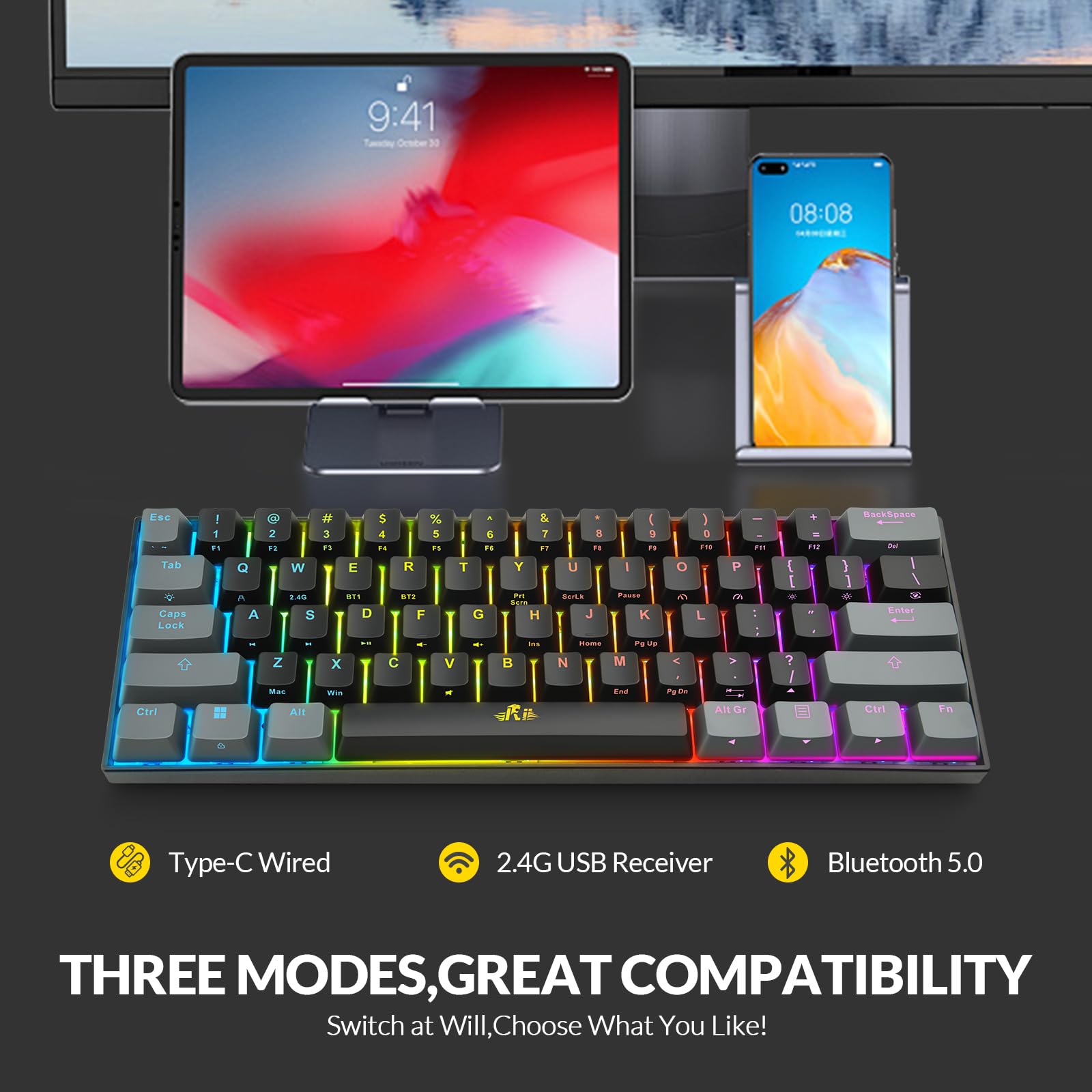 Rii 60% Compact Mechanical Gaming Keyboard - Bluetooth 5.0/Wired USB-C/2.4GHz Wireless, RGB Backlit, Linear Red Switches, PBT Keycaps, QMK/VIA Programmable for Windows/Mac/PC/Laptop (Black) - Perfect for Esports, Office Work & Travel
