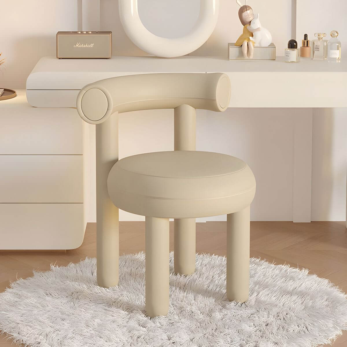 Luxury Upholstered Vanity Stool with Metal Legs & Backrest - Elegant Dressing Room Seat for Makeup, Bedroom Decor & Boudoir Furniture