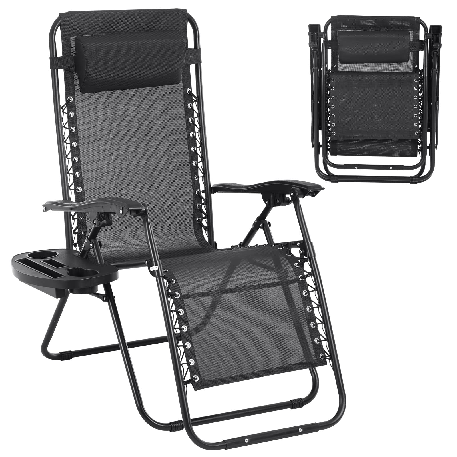Premium Zero Gravity Reclining Chair with Pillow & Cup Holder - Adjustable Folding Outdoor Lounge Chair for Patio, Poolside, Camping & Backyard Relaxation - Breathable Mesh Fabric & Durable Steel Frame - Black