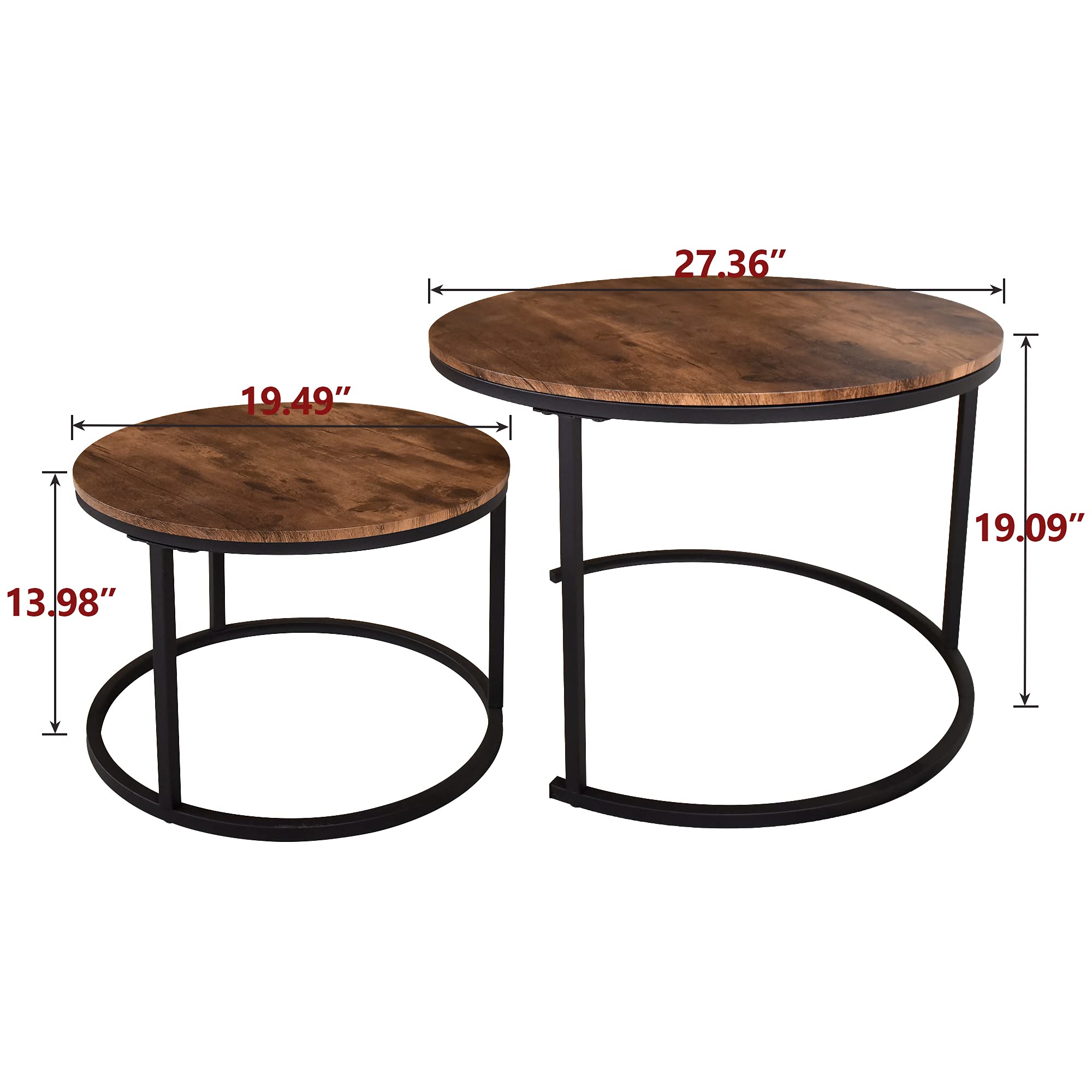 Industrial Round Coffee Table Set of 2 - Wood Look End Tables with Metal Frame for Living Room - Stackable Side Tables, Sturdy & Easy Assembly - Black & Rustic Brown - Perfect for Small Spaces, Home Decor, and Modern Interior Design