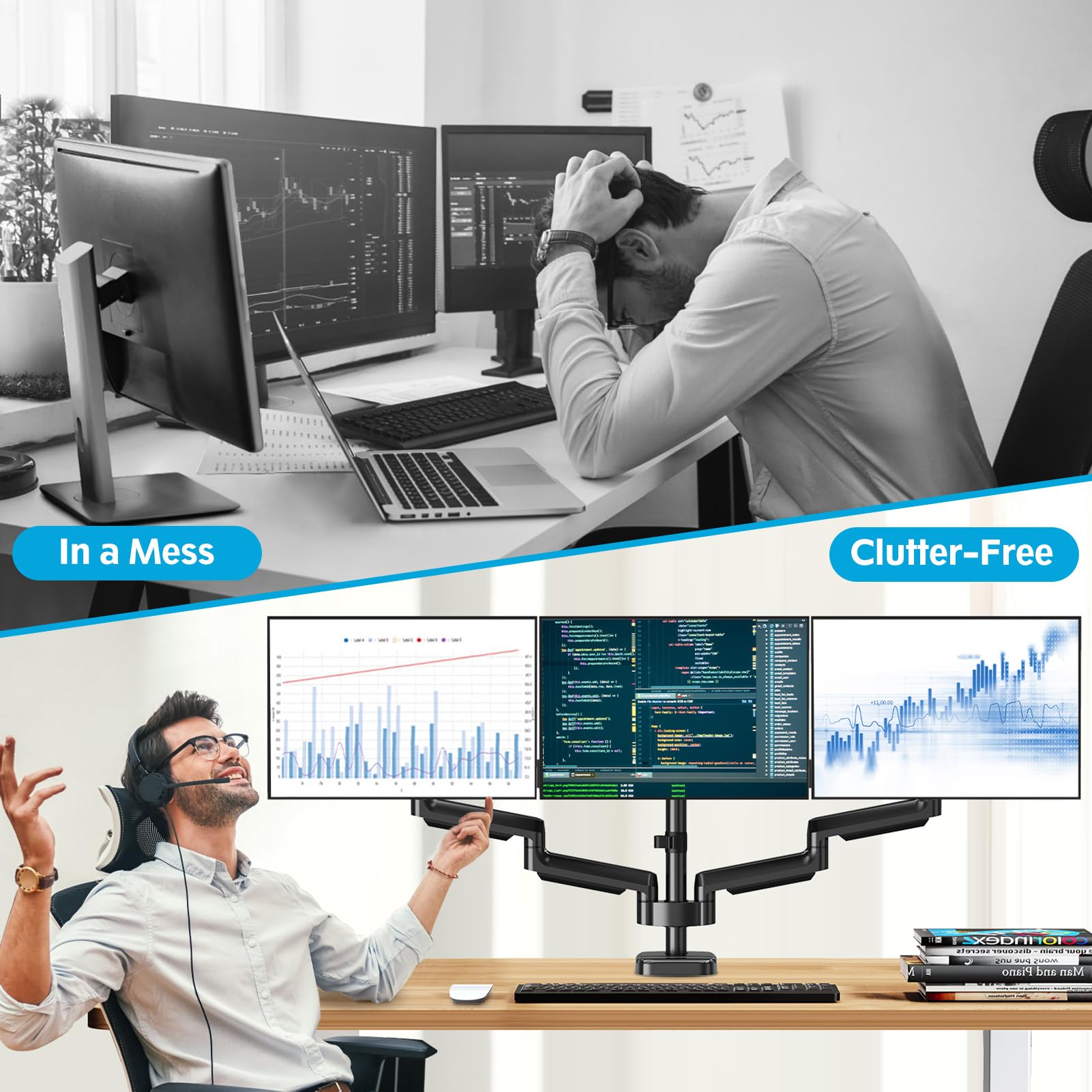 MOUNTUP Triple Monitor Stand for 17-32 Inch Screens - Full Motion Adjustable Gas Spring 3-Arm Desk Mount (Holds 19.8 lbs Each) with Clamp & Grommet Mounting - Black - Perfect for Gaming, Office Work & Multi-Tasking Setup