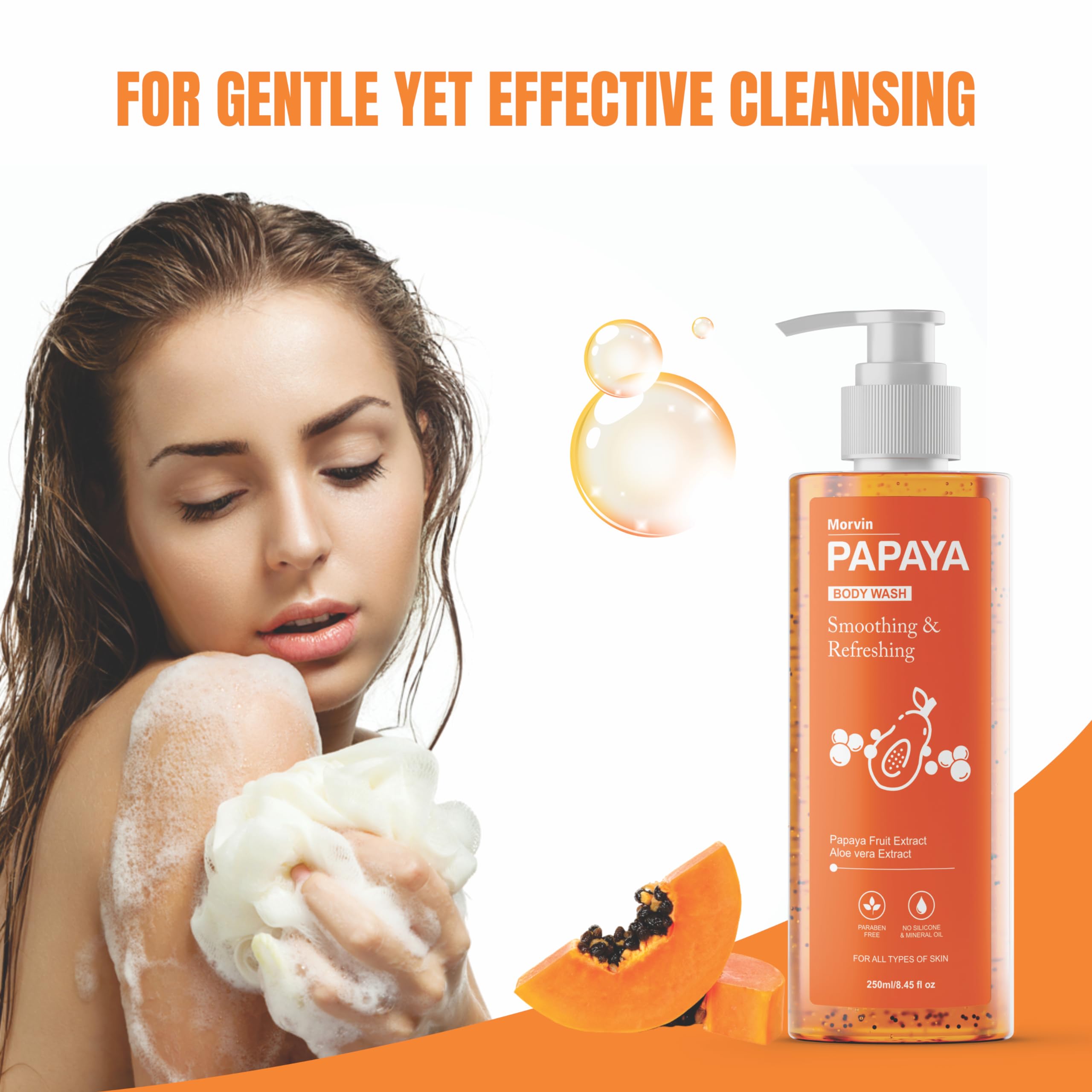 Morvin Papaya Smoothing & Refreshing Body Wash Shower Gel 250ml - Exfoliating & Deep Cleansing with Papaya & Aloe Vera Extract | Paraben, Silicone & Mineral Oil Free | Hydrating for Dry Skin & Post-Workout Refreshment