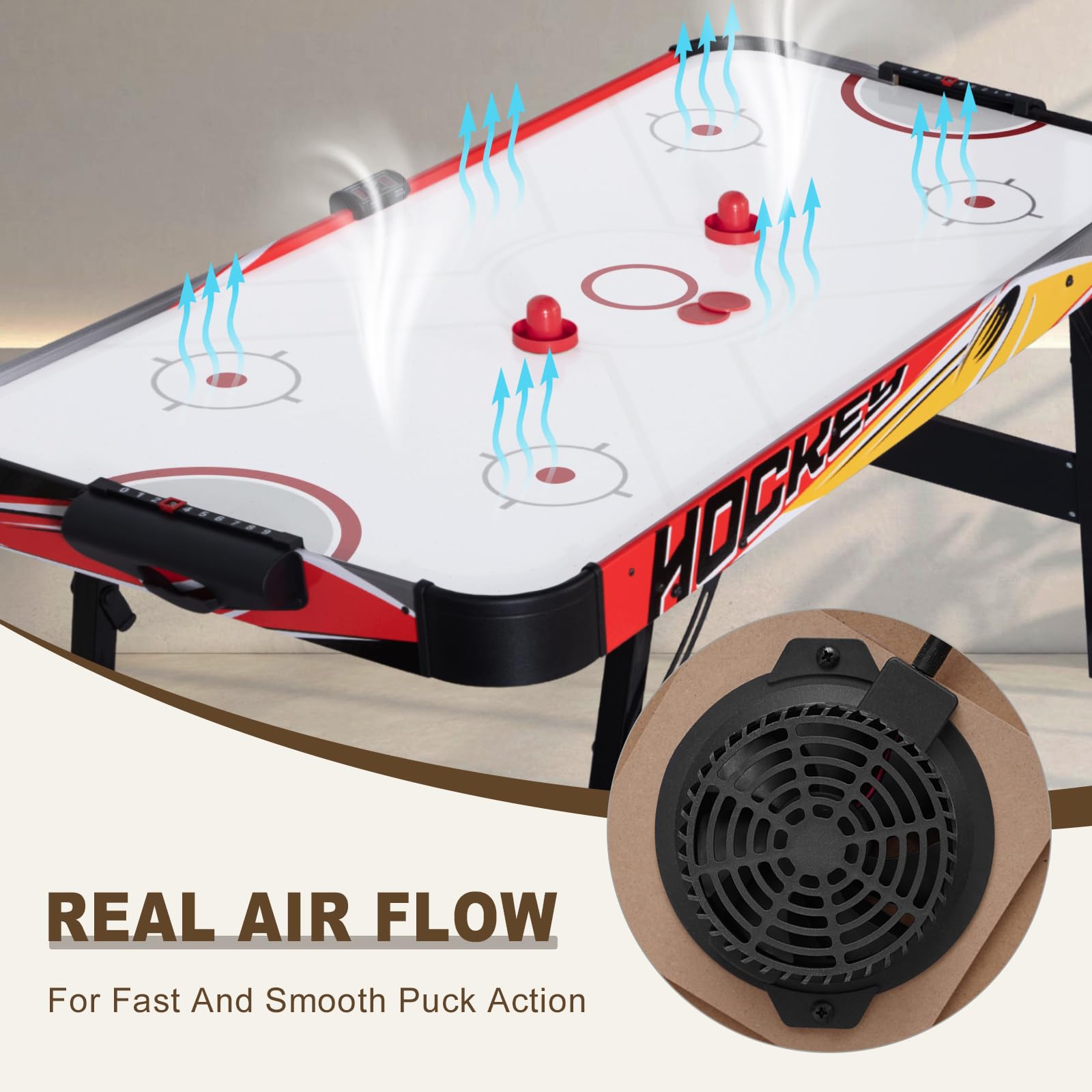 58in Foldable Air Hockey Table with Strong Motor & LED Scoreboard - 2 Pucks & 2 Pushers Included - No Assembly Required (Red & Yellow) - Perfect for Family Game Nights, Kids Parties & Indoor Entertainment