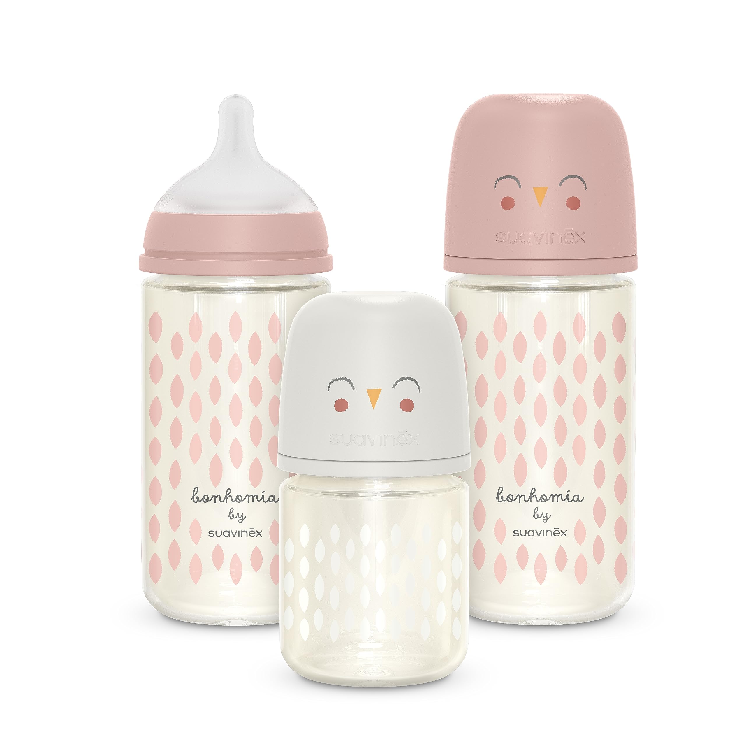 Suavinex Bonhomia Glass Baby Bottle with SX PRO Silicone Nipple - Anti Colic, Breastfeeding Friendly, 3 Pack (Pink/Beige) - Perfect for Newborns, Infants & Travel Feeding