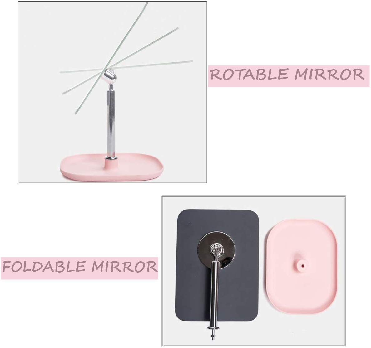 BIRMON Pink Metal Tabletop Vanity Mirror with Removable Handle - Frameless Rectangular Makeup Mirror for Dressing Table, Bathroom, and Bedroom