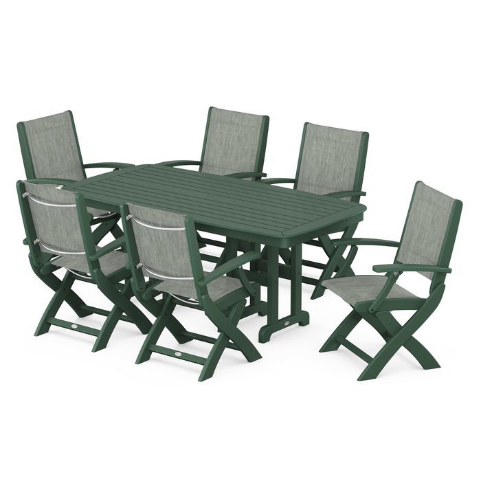 POLYWOOD Coastal Folding Arm Chair 7-Piece Outdoor Dining Set - Perfect for Patio, Deck, Poolside & Beachfront Entertaining