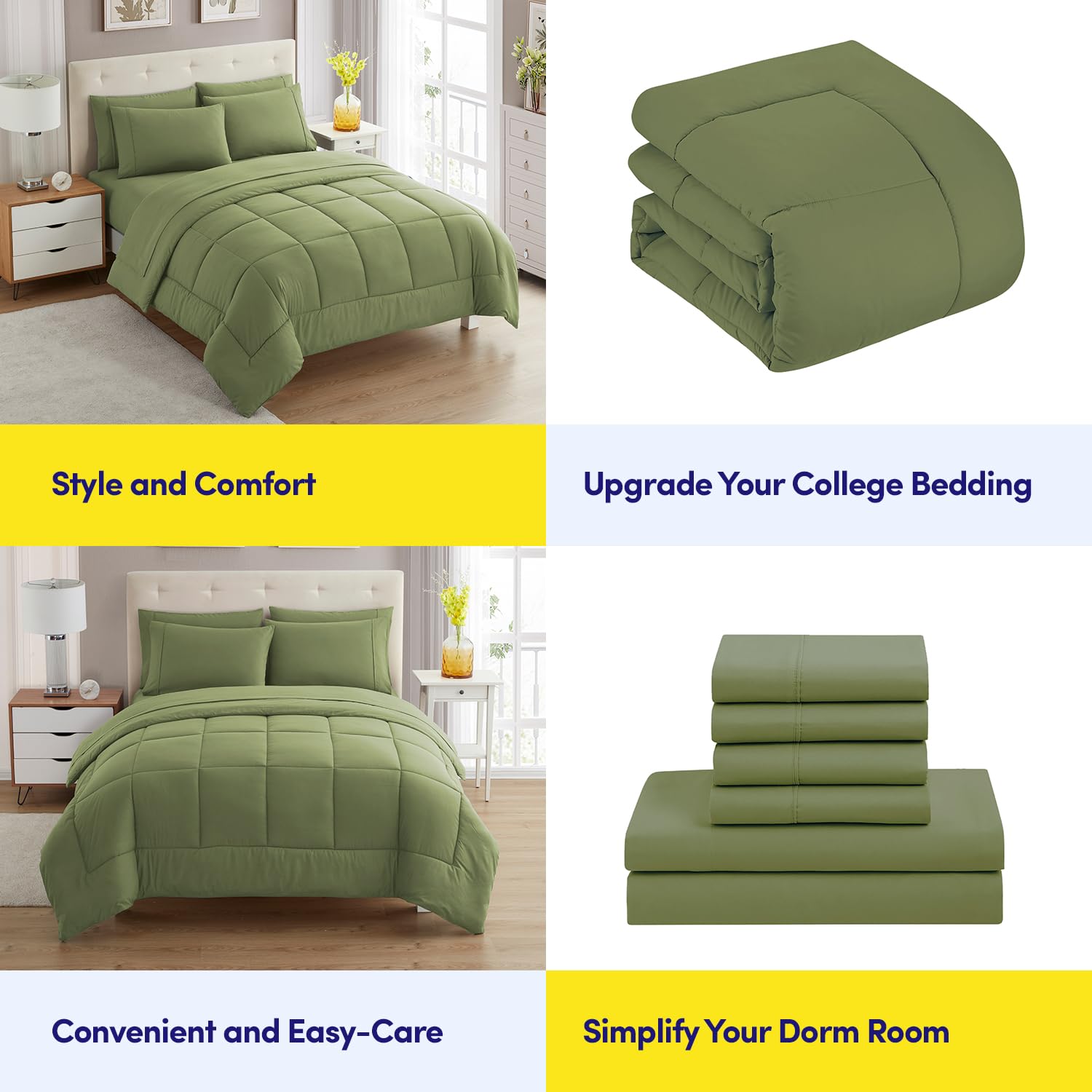 5-Piece Twin Size College Bedding Comforter Set - Sage Green Dorm Room Essentials for Boys & Girls | Perfect for College Students' Bed in a Bag | Ideal for Dorm Rooms, First Apartments & Teen Bedrooms