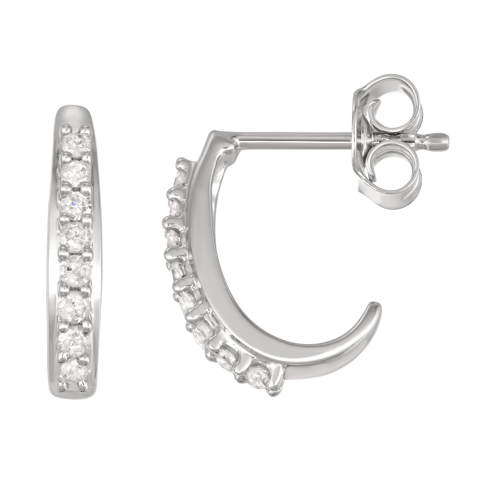 925 Sterling Silver Diamond Hoop Earrings for Women - White/Black Diamond Huggies & J Hoop Earrings | Elegant Everyday Wear & Special Occasion Jewelry Gift