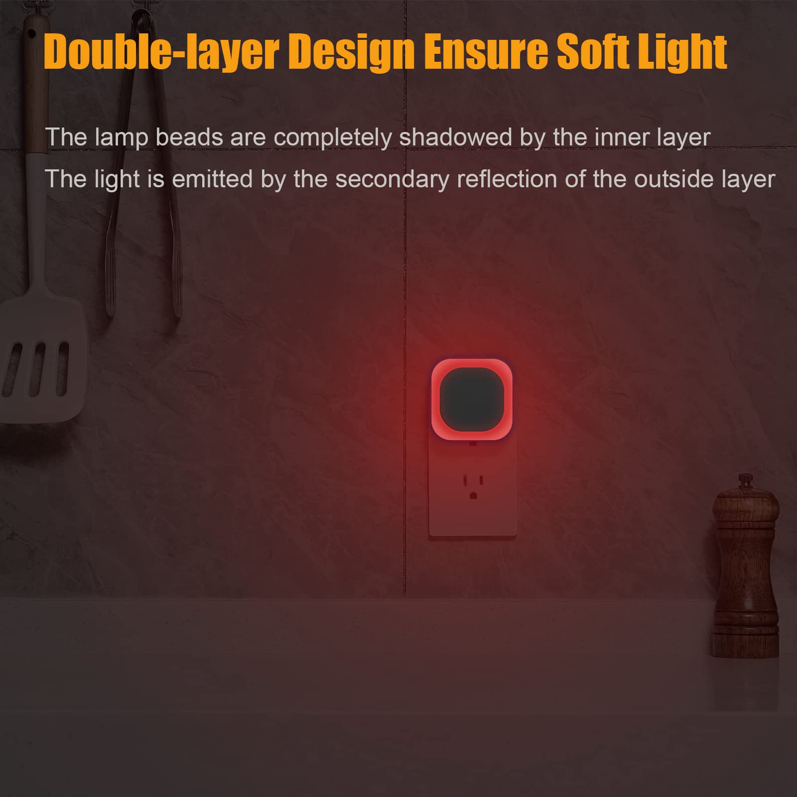 2 Pack Dimmable LED Night Light with Auto Dusk to Dawn Sensor - Soft Red Glow Square Plug-in Nightlight for Kids, Bathroom, Hallway, Bedroom & Kitchen - Perfect for Safe Nighttime Navigation and Gift Giving