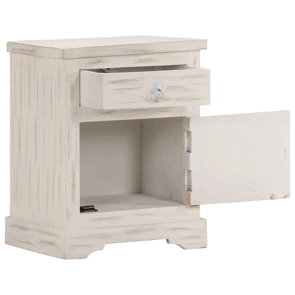vidaXL Solid Mango Wood Bedside Cabinet with Drawer and Door - Antique-Style White Nightstand for Bedroom, Living Room, 15.7