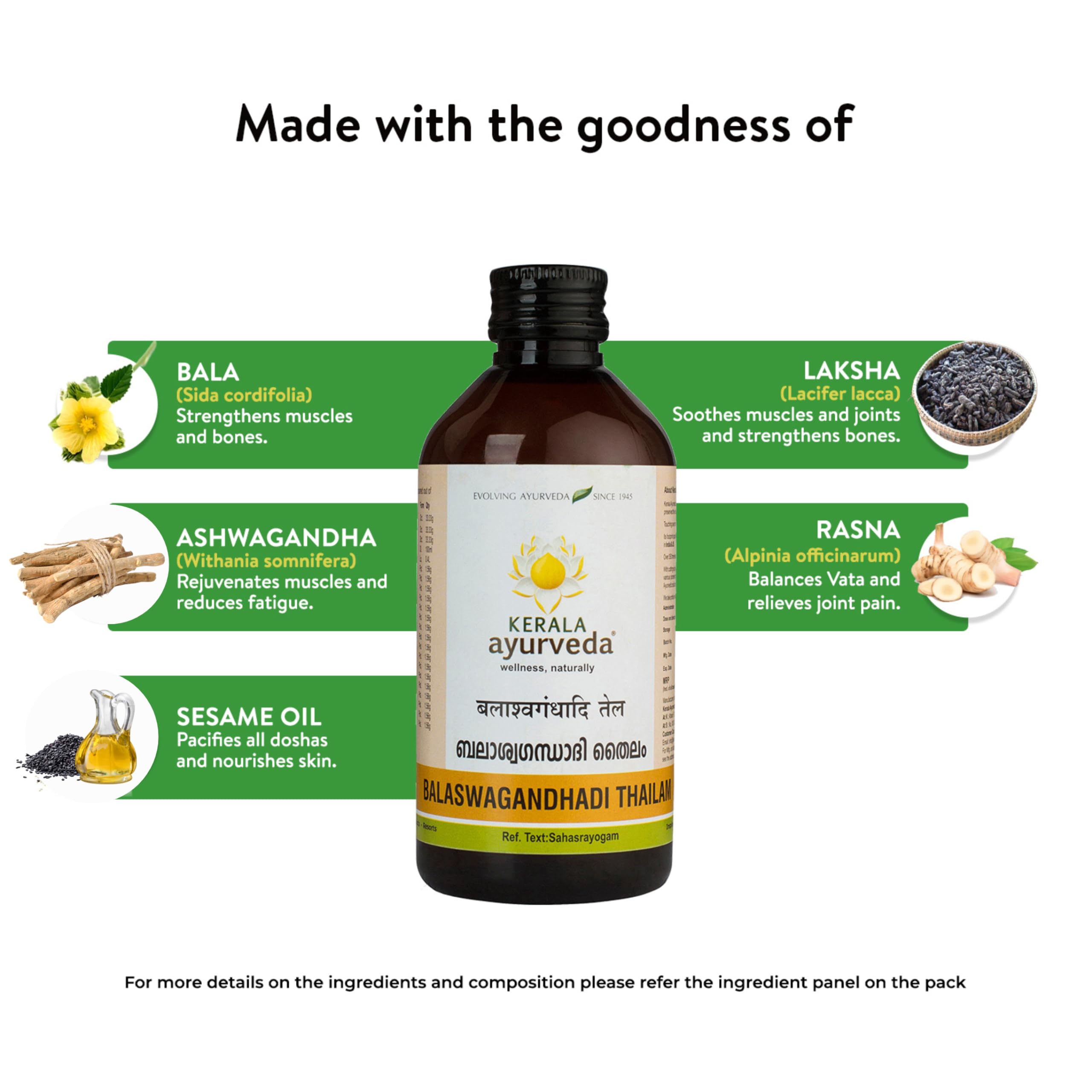 Kerala Ayurveda Balaswagandhadi Thailam - Organic Ayurvedic Massage Oil with Ashwagandha for Body & Mind - Vata Pitta Balancing, Muscle Toning, Stress Relief - 6.76 Fl Oz for Relaxation, Yoga & Holistic Wellness