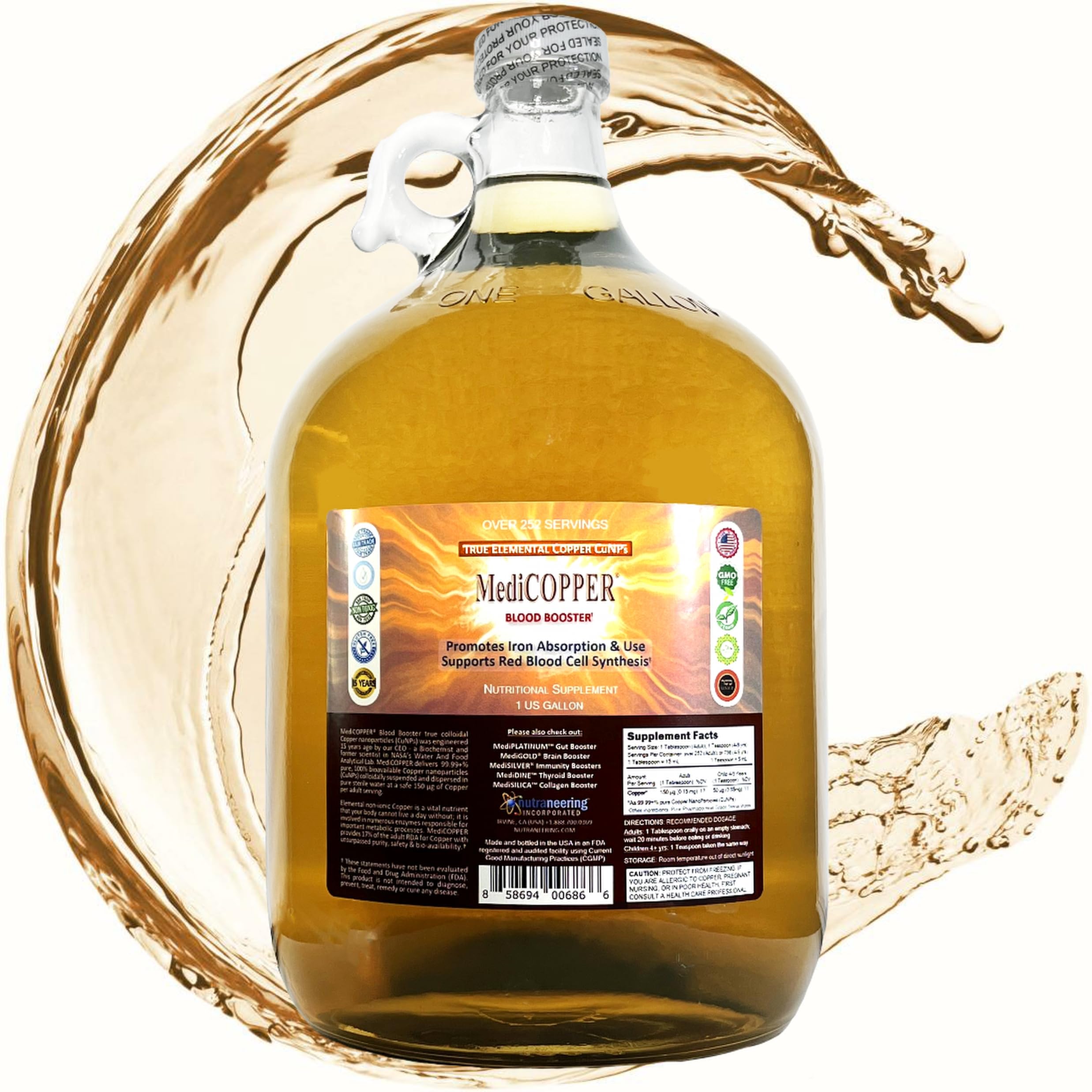 Pure Colloidal Copper Supplement - 1 Gallon Liquid in Glass Bottle for Immune Support & Skin Health | Perfect for Daily Wellness & Detox Routines