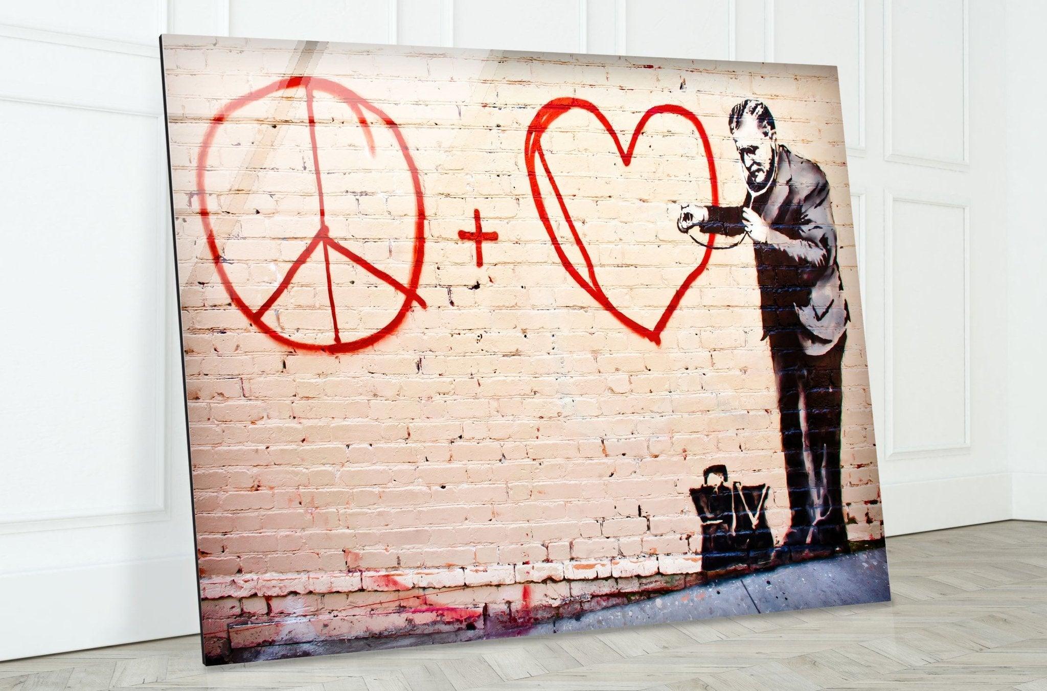 Banksy Peace and Love Glass Wall Art - Modern Home Decor for Living Room, Bedroom & Office - Unique Street Art Inspired Glass Panel