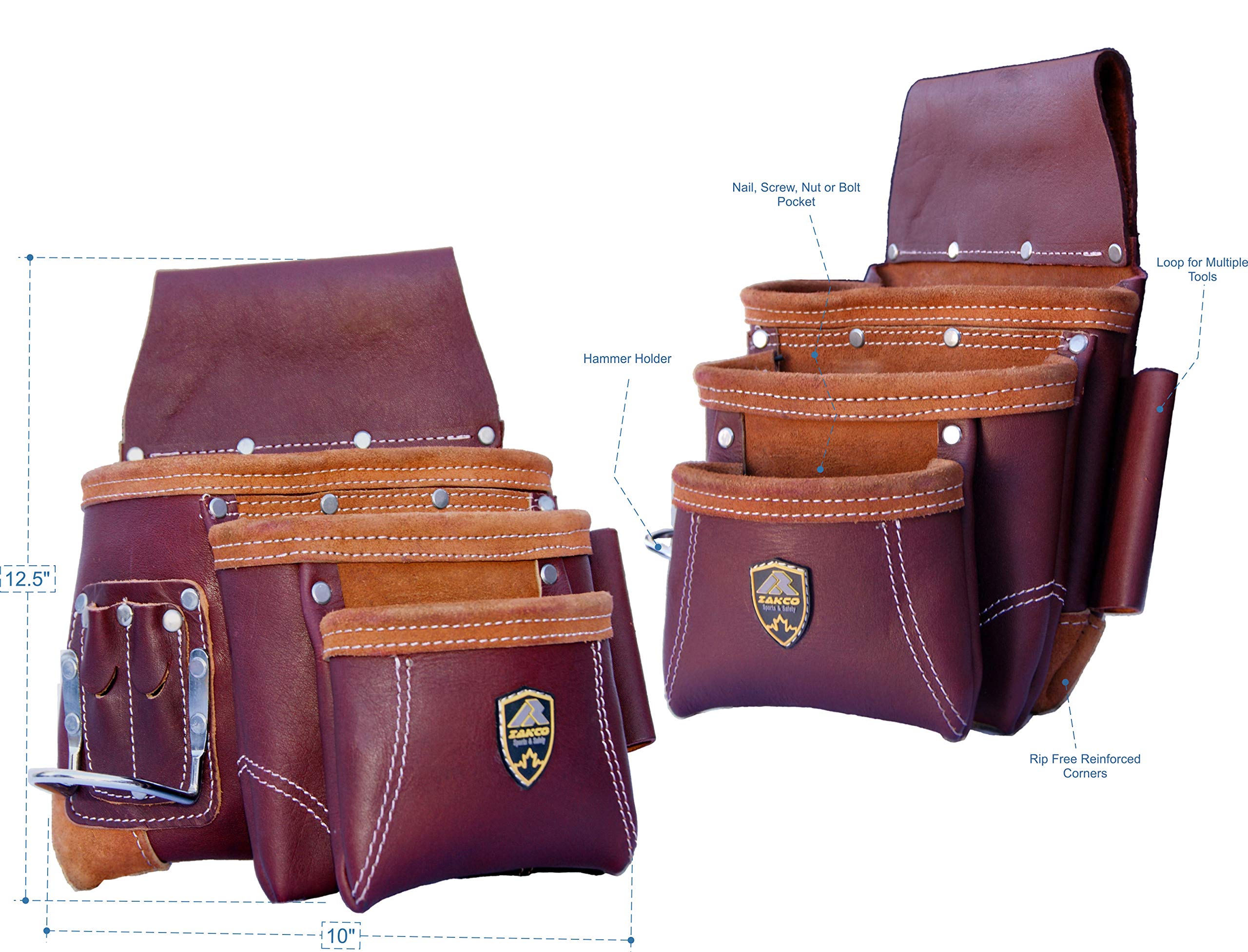 Zakco PRO-21 Heavy Duty Full Grain Leather Tool Belt for Construction Workers - Carpenter, Framer, Roofer & Handyman Tool Organizer with 2 Leather Pouches & Multiple Pockets | Perfect for Job Sites, DIY Projects & Home Renovations