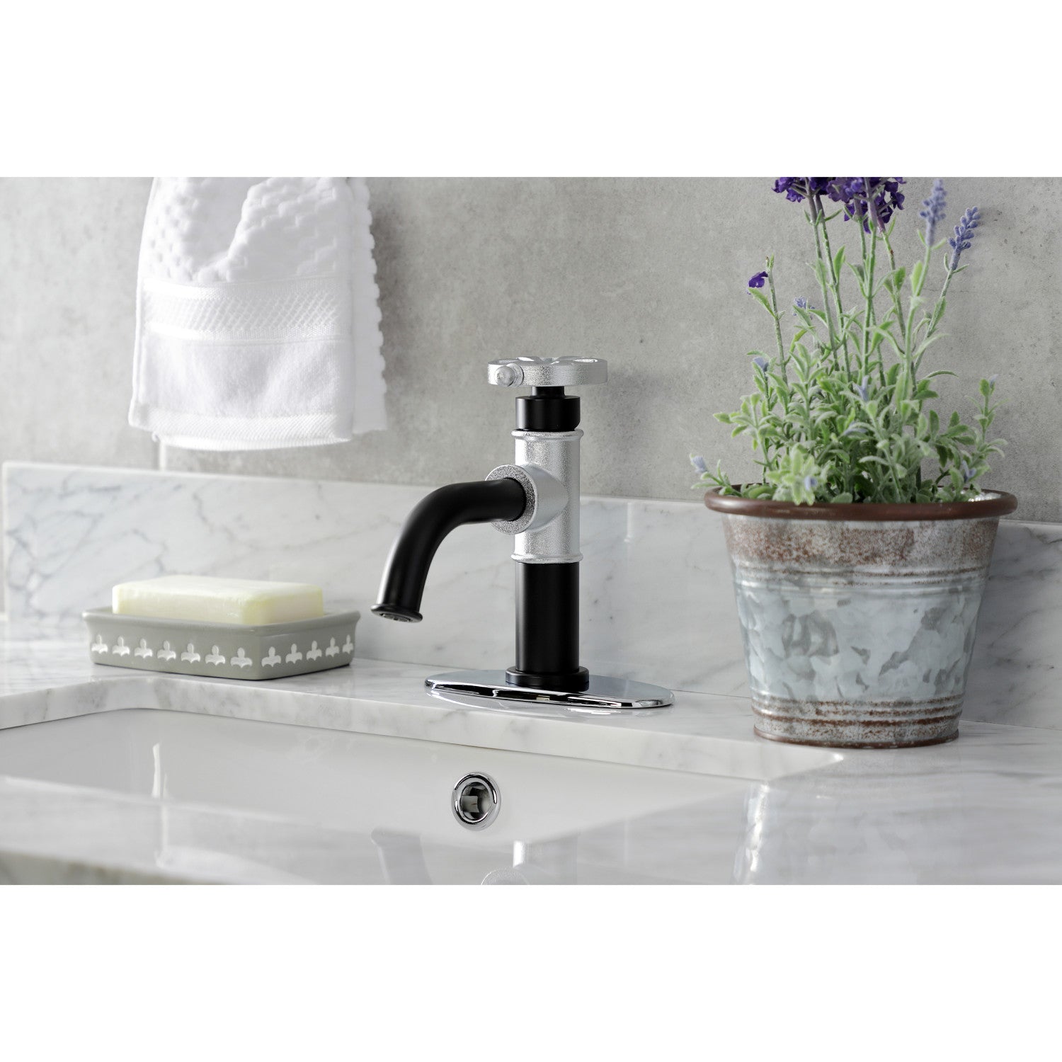 Belknap KSD2821RX Single Handle 1-Hole Bathroom Sink Faucet with Deck Plate & Push Pop-Up Drain - Matte Black/Polished Chrome - Perfect for Modern Bathroom Renovations & Small Space Installations