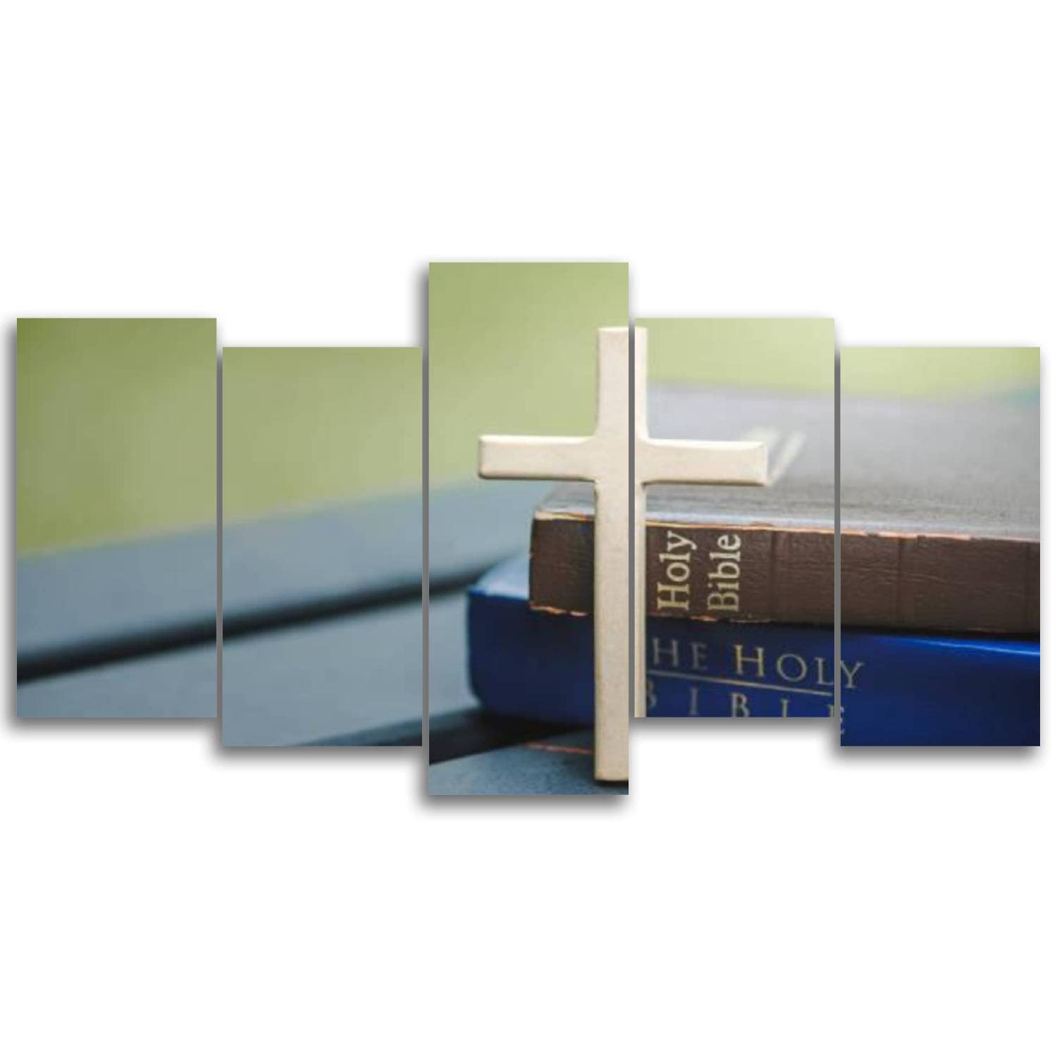 Open Holy Bible Book & Wooden Cross Canvas Wall Art - Christian Worship Prayer Painting Print - 5 Panel Abstract Artwork for Living Room, Bedroom Decor - Perfect for Church, Home Chapel & Spiritual Meditation Spaces