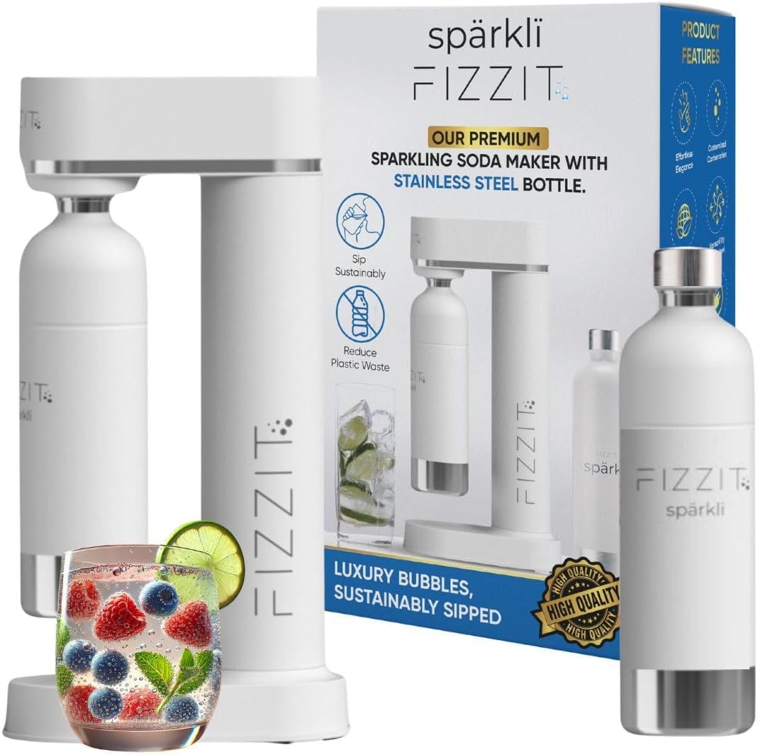 Fizzit Spärklï Sparkling Water Maker Machine with Stainless Steel Bottle - Home Carbonated Soda Maker for Healthy Drinks, Dishwasher Safe - Perfect for Parties, Kitchen & Office Use